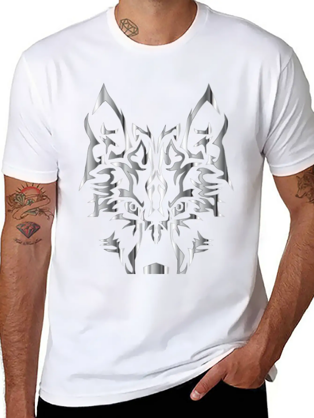 Chrome Symmetric Tribal Wolf No Background Classic Cotton Tee – Unisex Comfort For Any Season
