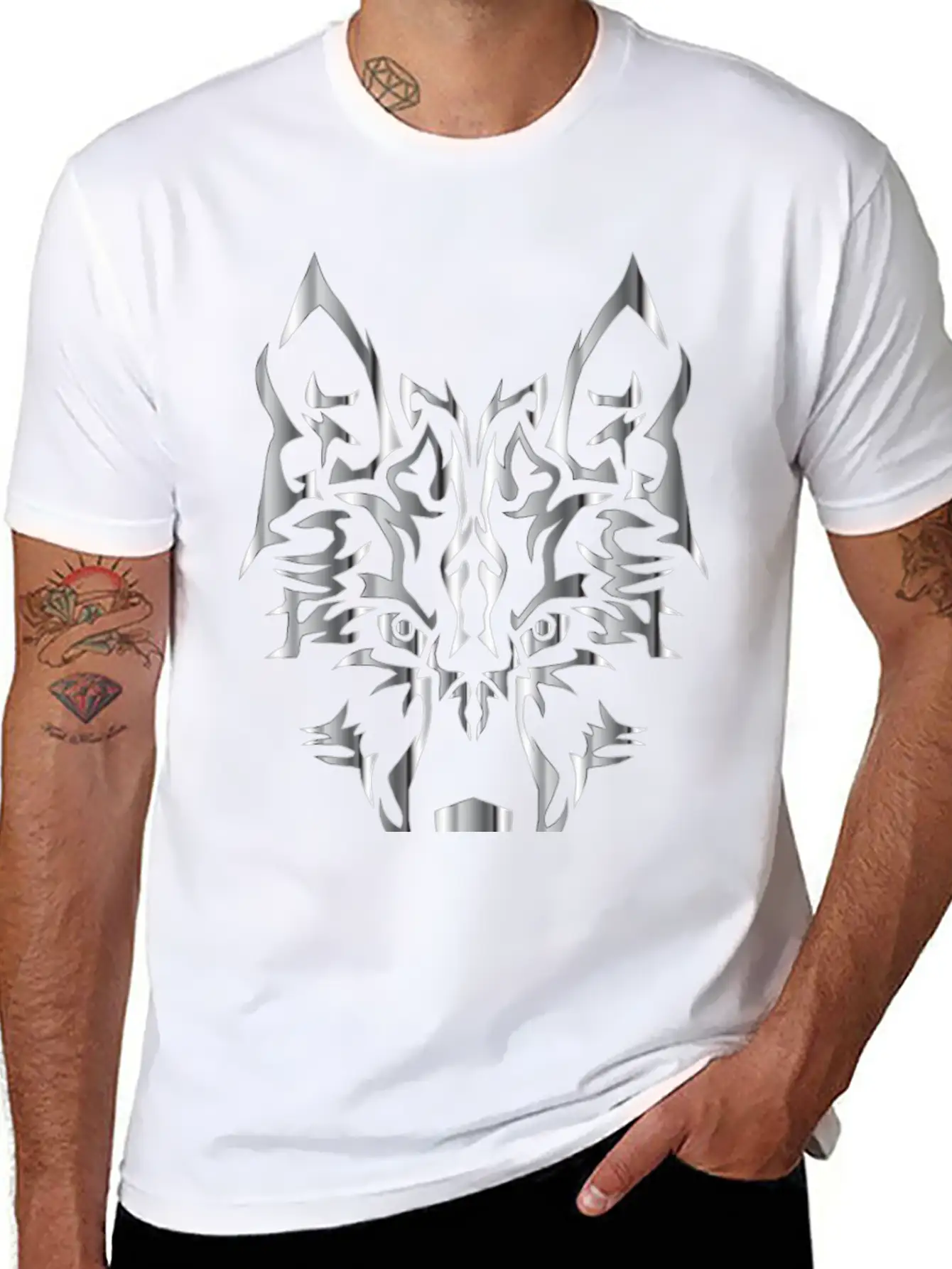 Chrome Symmetric Tribal Wolf No Background Classic Cotton Tee – Unisex Comfort For Any Season