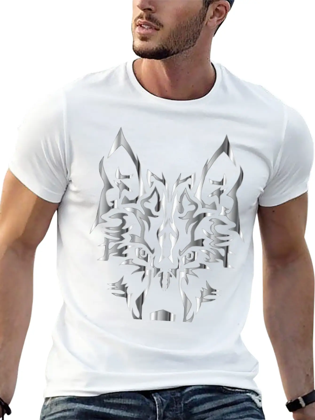 Chrome Symmetric Tribal Wolf No Background Classic Cotton Tee – Unisex Comfort For Any Season