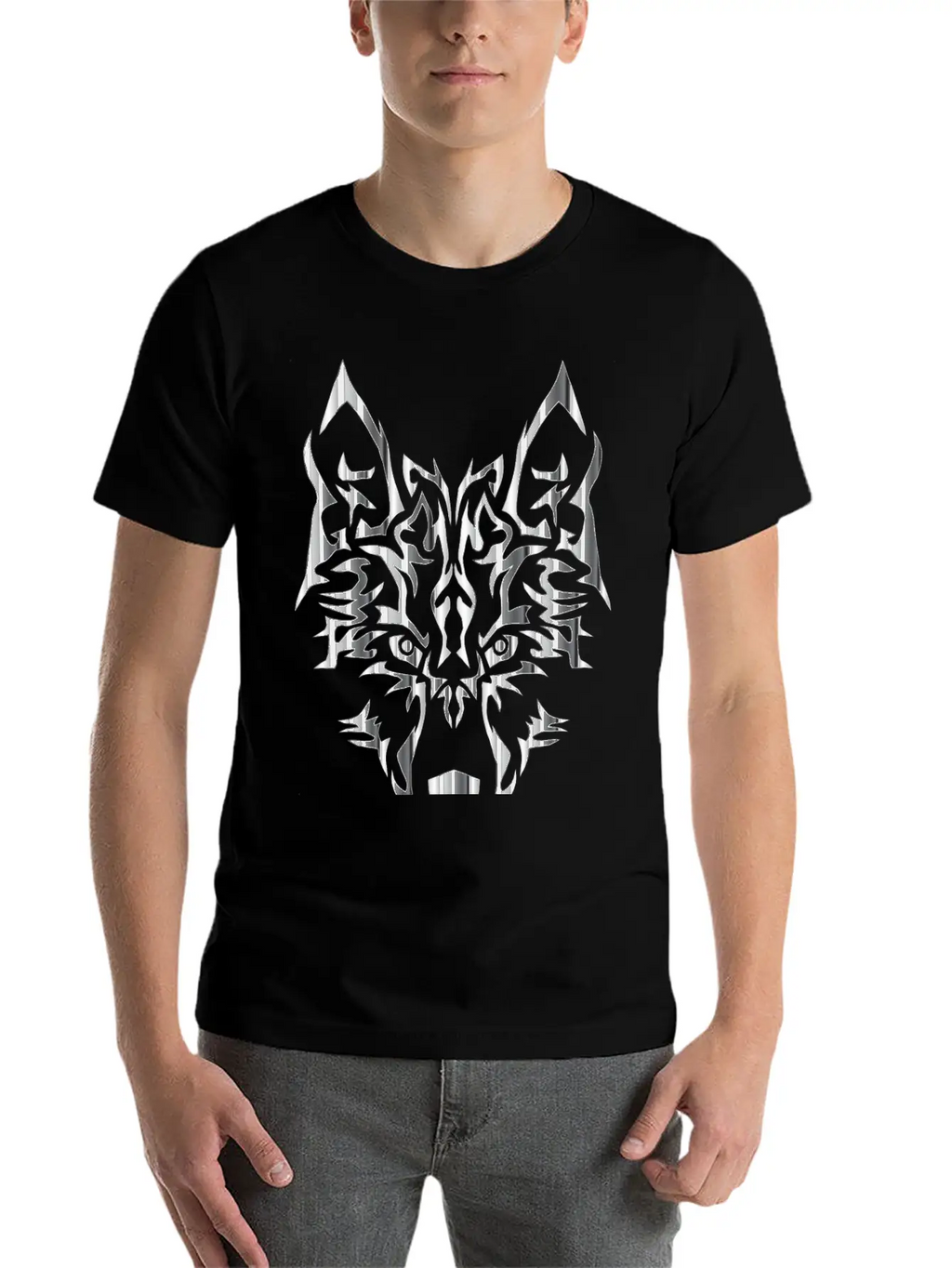 Chrome Symmetric Tribal Wolf No Background Classic Cotton Tee – Unisex Comfort For Any Season