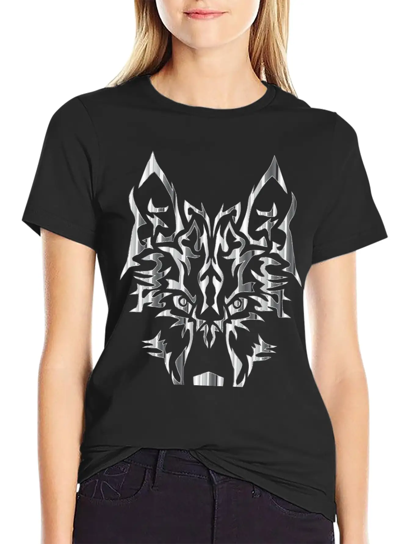 Chrome Symmetric Tribal Wolf No Background Classic Cotton Tee – Unisex Comfort For Any Season