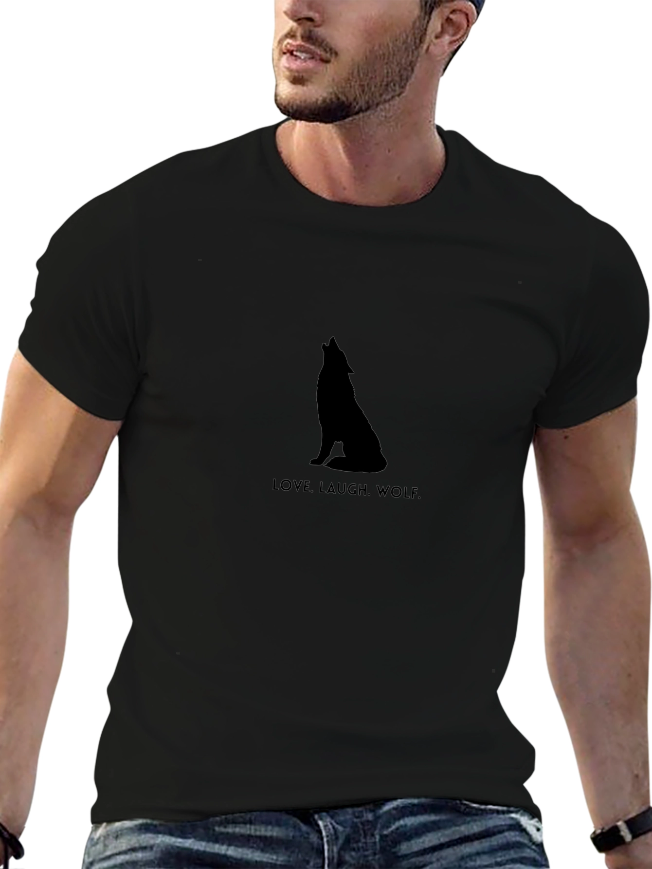 Love Laugh Wolf Black Graphic T-Shirt