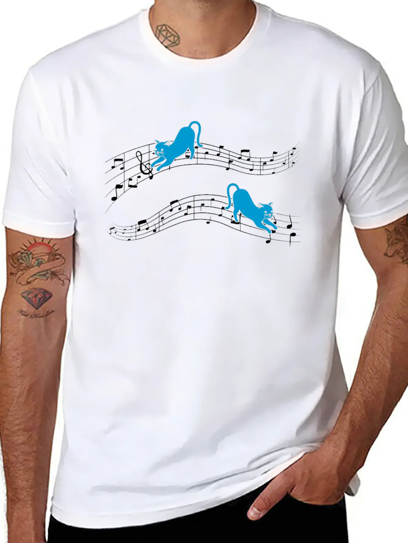 Clef Cat Playing On Musical Notes Musician Timeless Short Sleeve Tee – Comfy And Minimalist Design