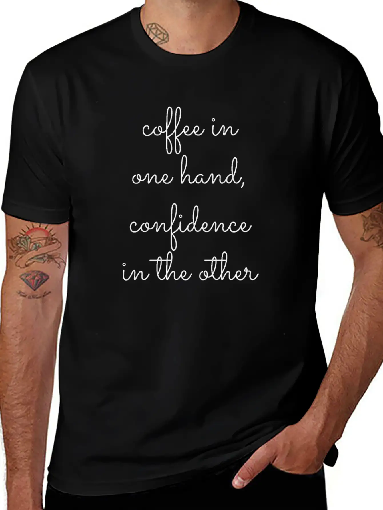 Coffee In One Hand, Confidence In The Other Breathable Graphic T-Shirt – Perfect For Casual Days