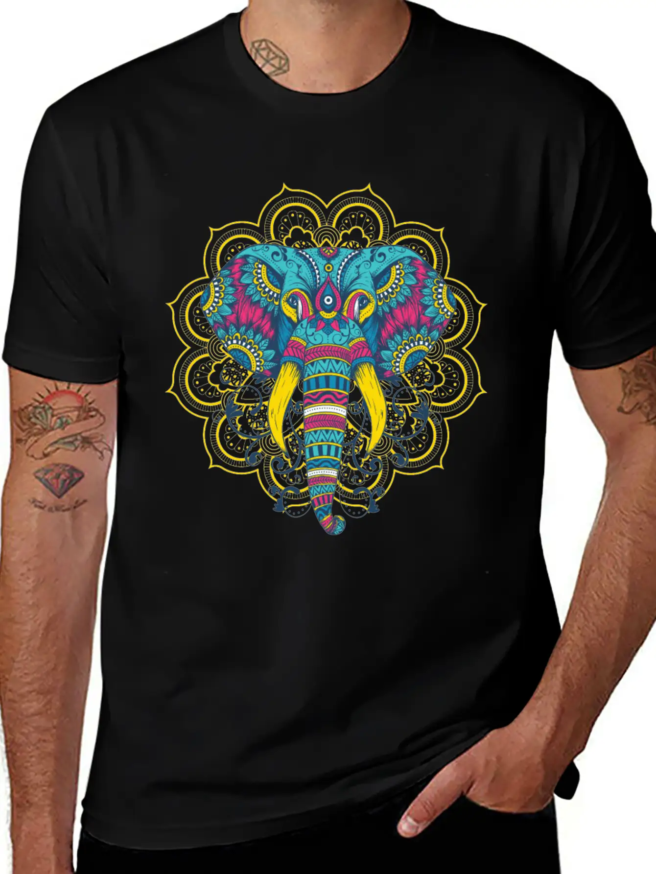Colorful Elephant Mandala Essential Cotton Tee For Daily Outfits – Unisex Style