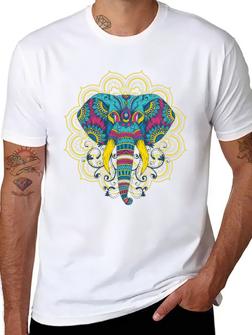 Colorful Elephant Mandala Essential Cotton Tee For Daily Outfits – Unisex Style