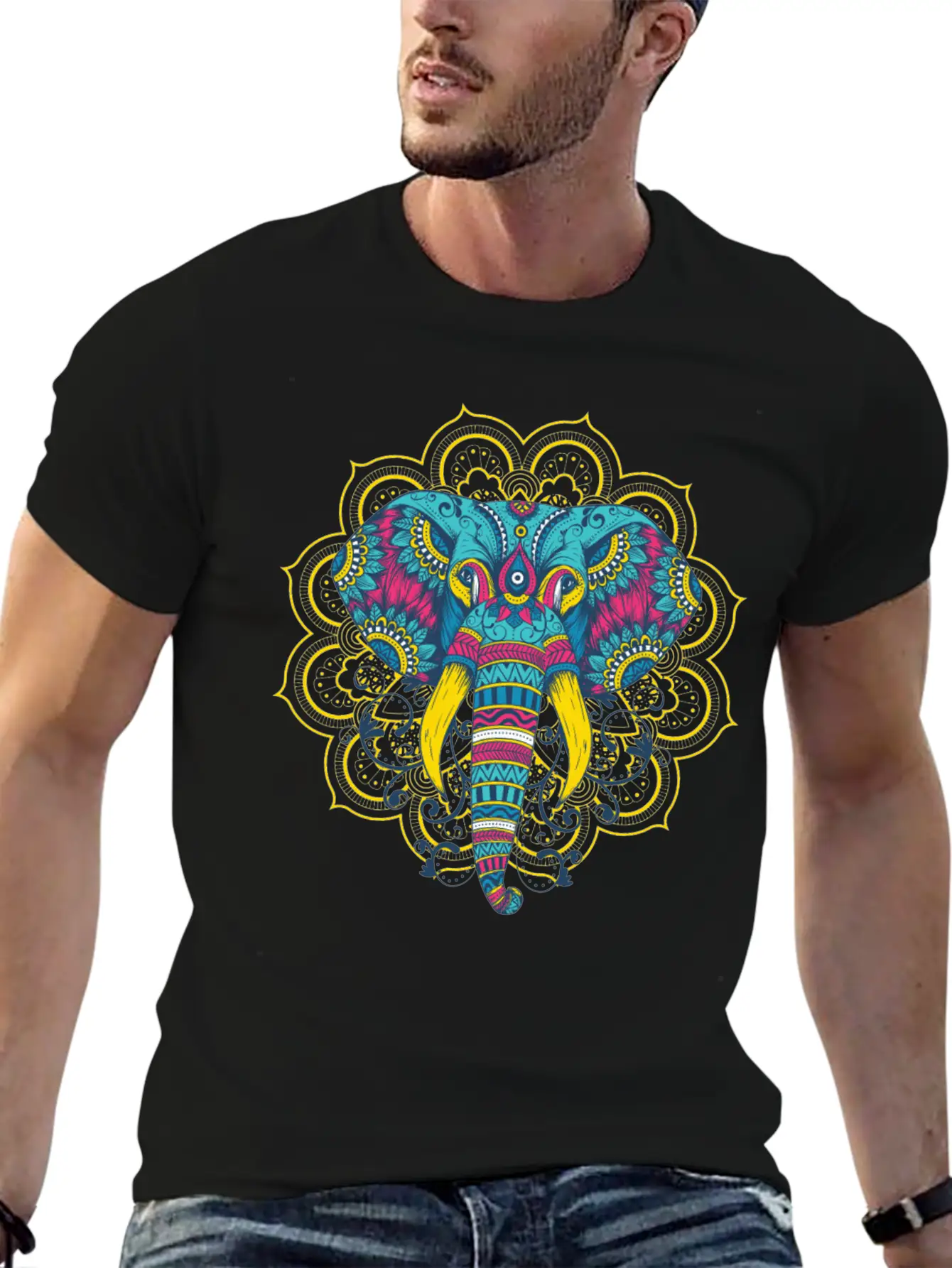 Colorful Elephant Mandala Essential Cotton Tee For Daily Outfits – Unisex Style