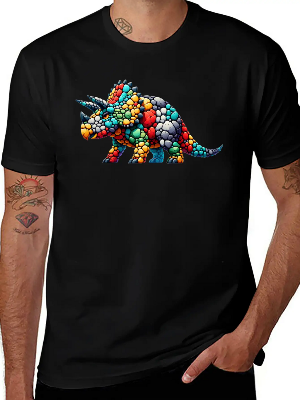 Colorful Rock Triceratops Illustration Stylish Everyday T-Shirt – Unisex Basic Cotton Tee