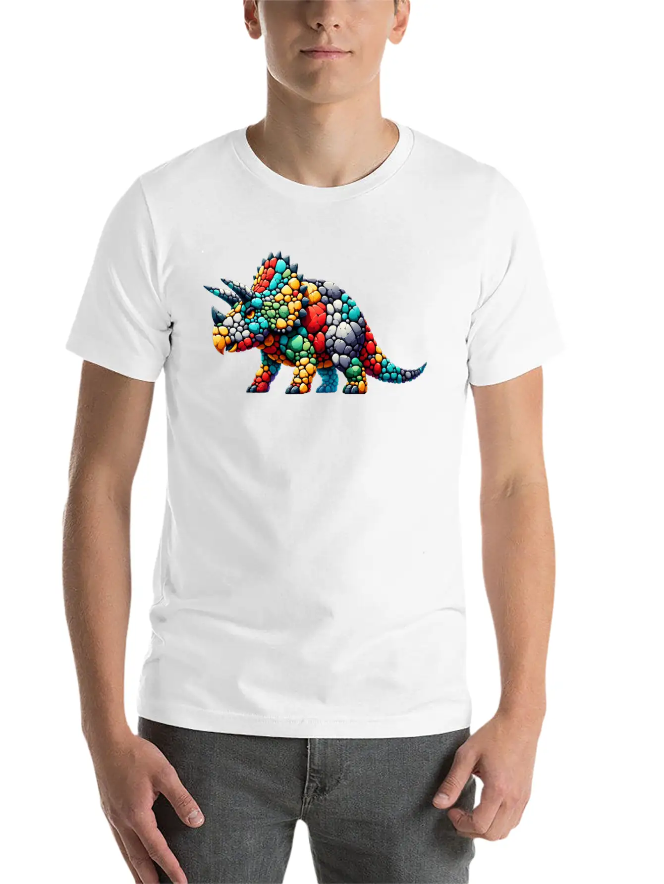 Colorful Rock Triceratops Illustration Stylish Everyday T-Shirt – Unisex Basic Cotton Tee