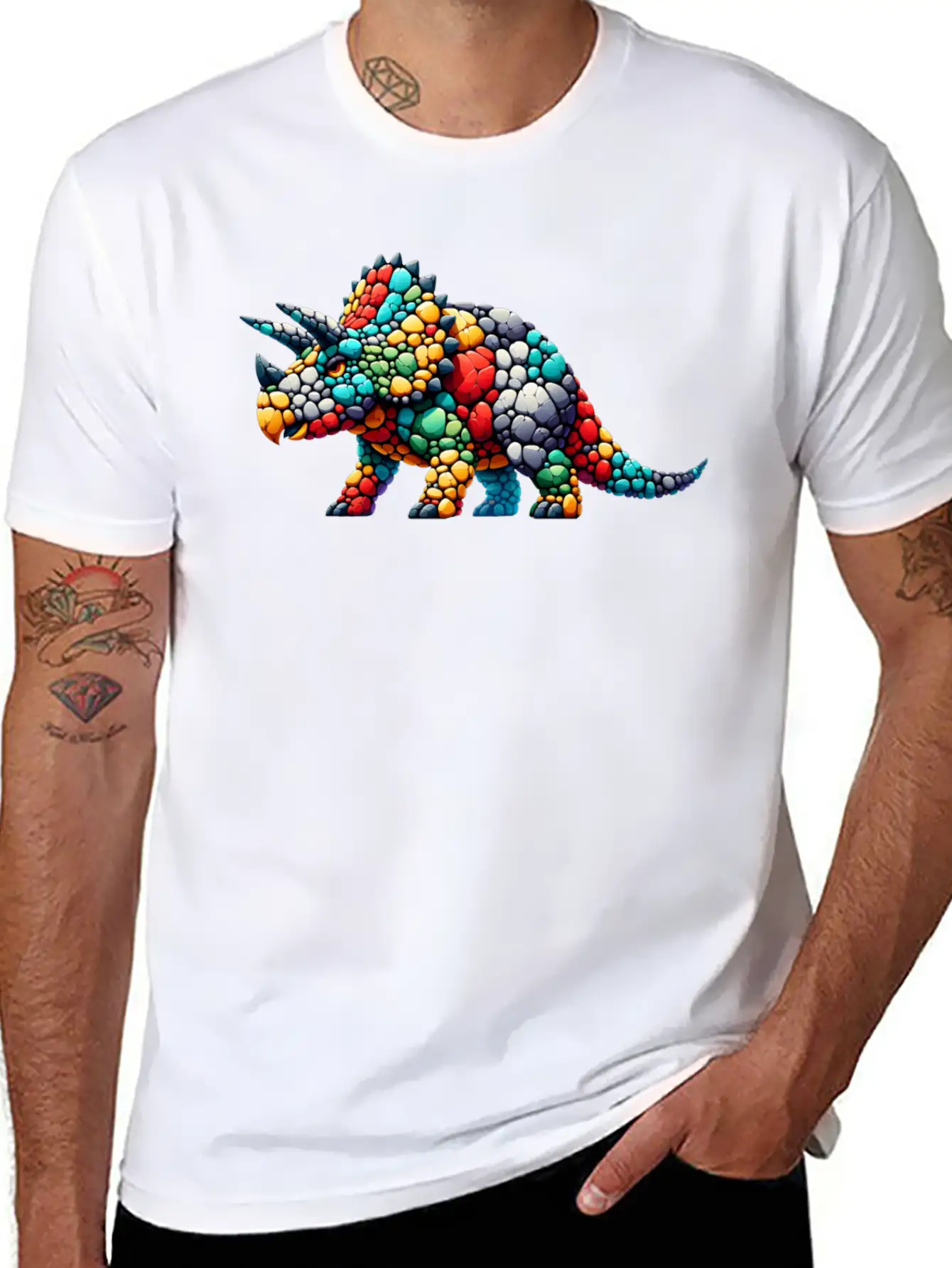 Colorful Rock Triceratops Illustration Stylish Everyday T-Shirt – Unisex Basic Cotton Tee