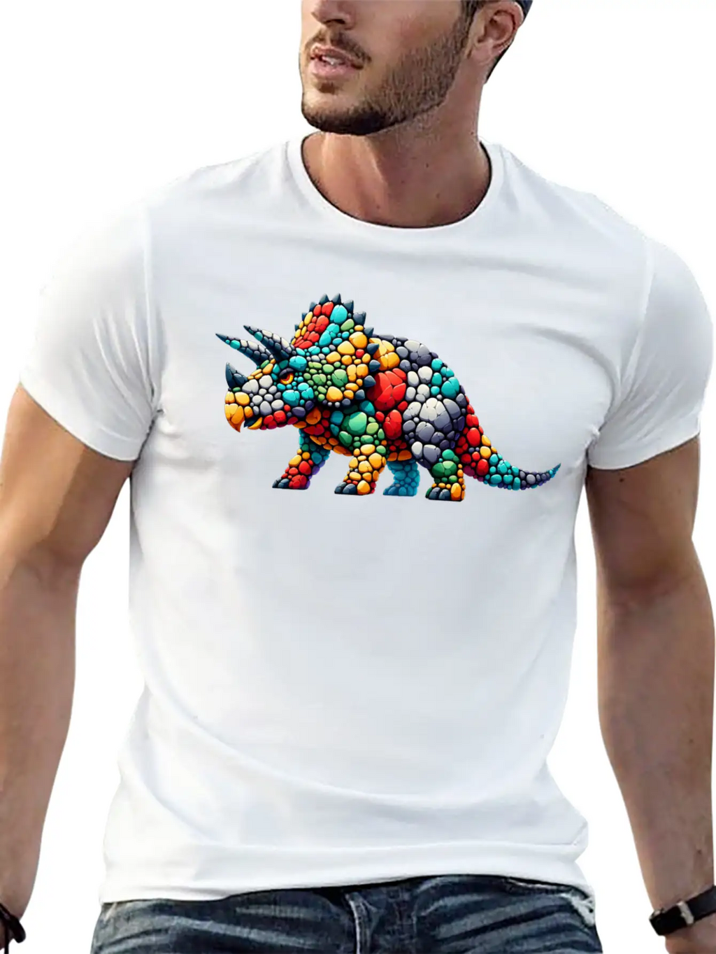 Colorful Rock Triceratops Illustration Stylish Everyday T-Shirt – Unisex Basic Cotton Tee