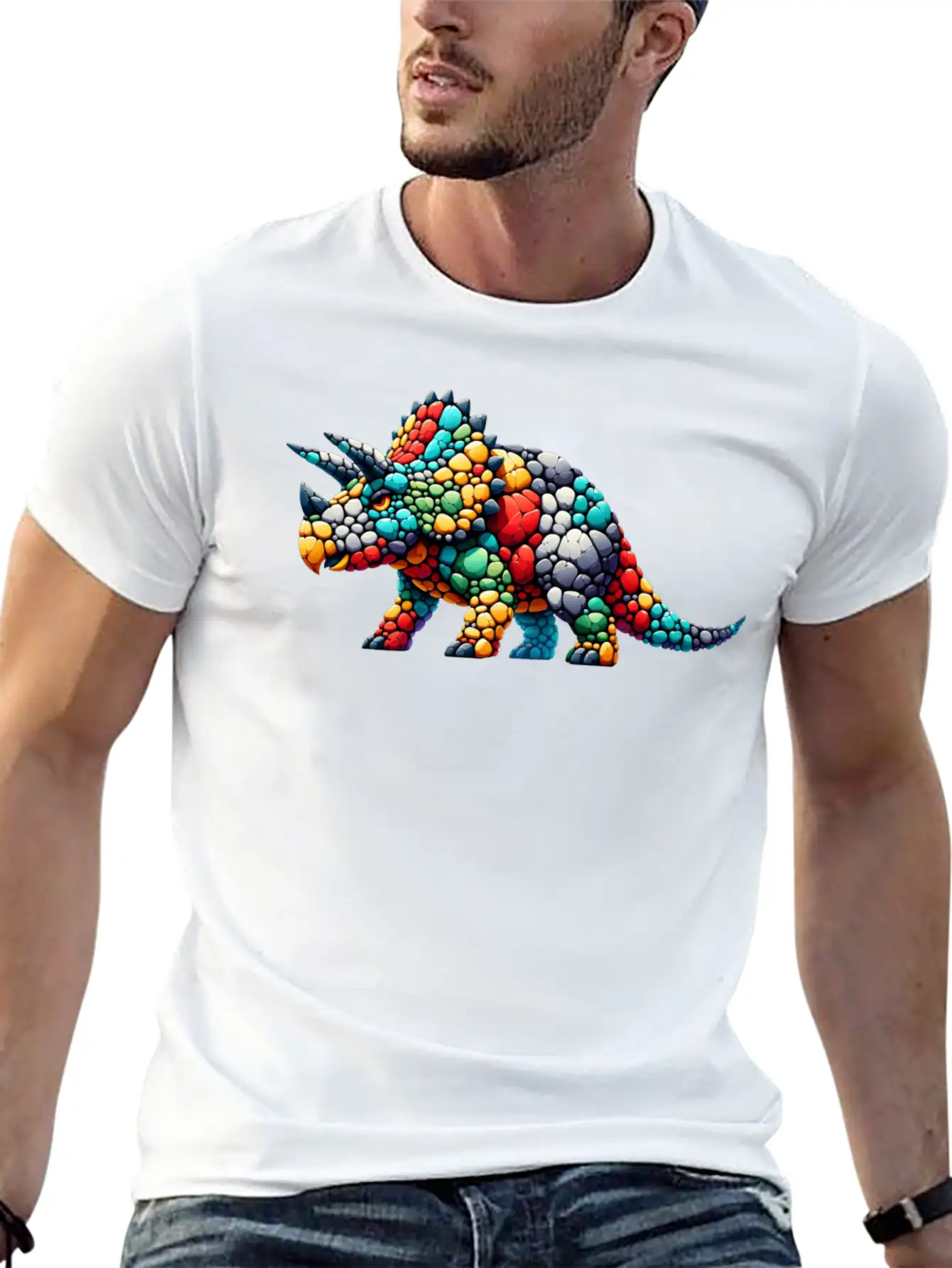Colorful Rock Triceratops Illustration Stylish Everyday T-Shirt – Unisex Basic Cotton Tee
