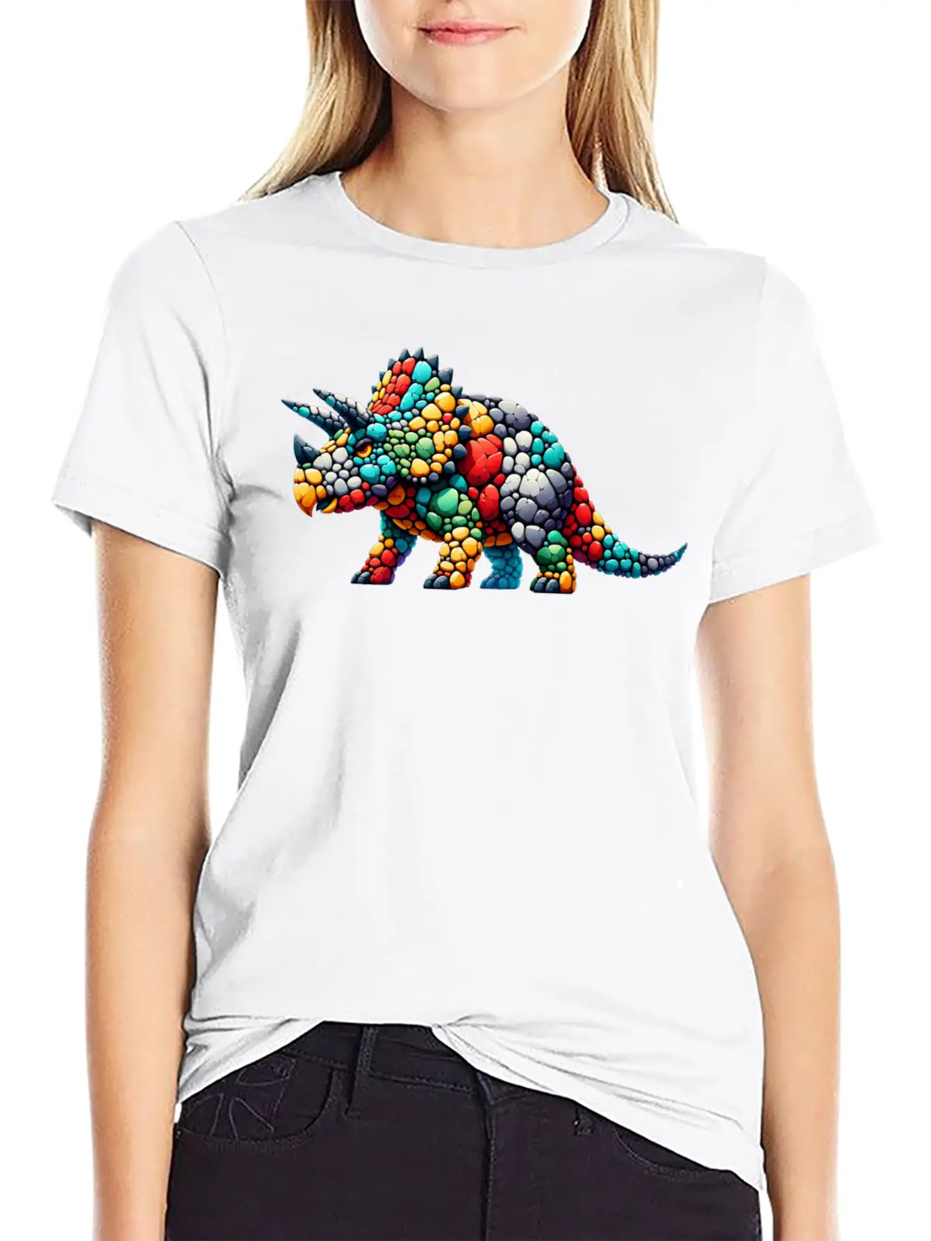 Colorful Rock Triceratops Illustration Stylish Everyday T-Shirt – Unisex Basic Cotton Tee