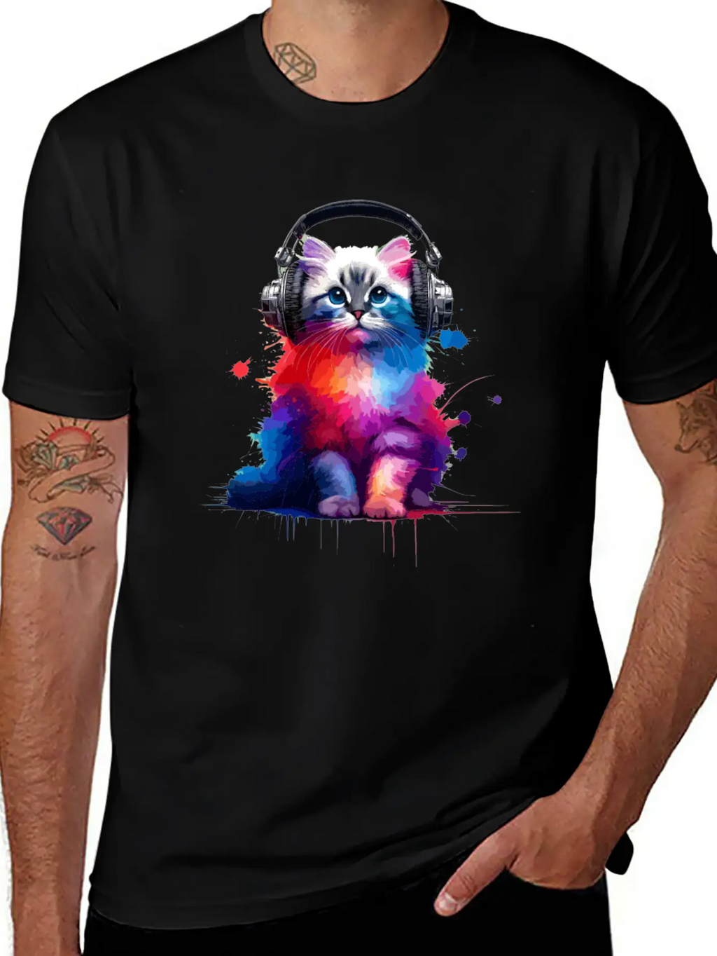 Colorful Splash Art Headphones Burmilla Burmillas Stylish Everyday T-Shirt – Unisex Basic Cotton Tee