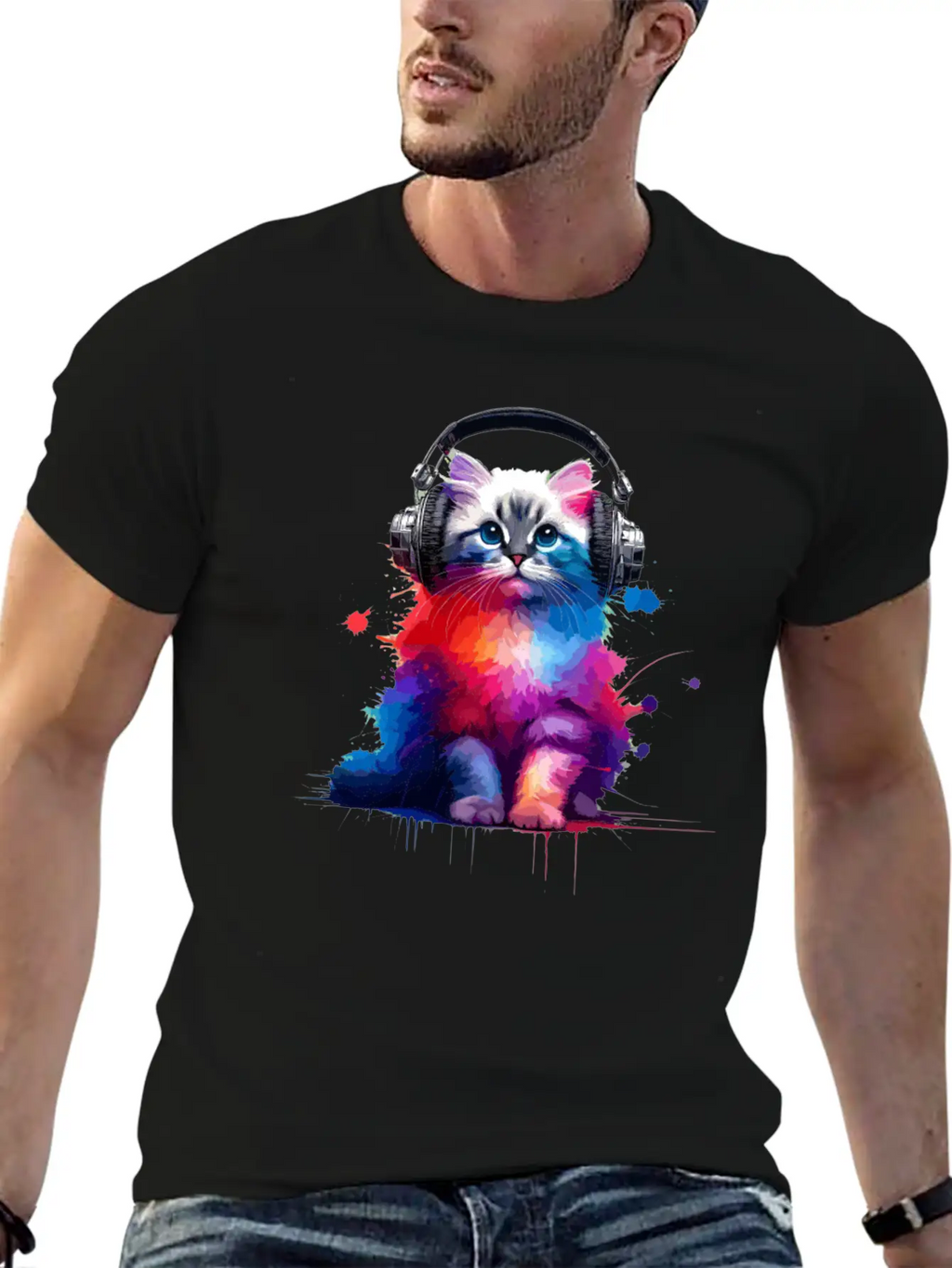 Colorful Splash Art Headphones Burmilla Burmillas Stylish Everyday T-Shirt – Unisex Basic Cotton Tee