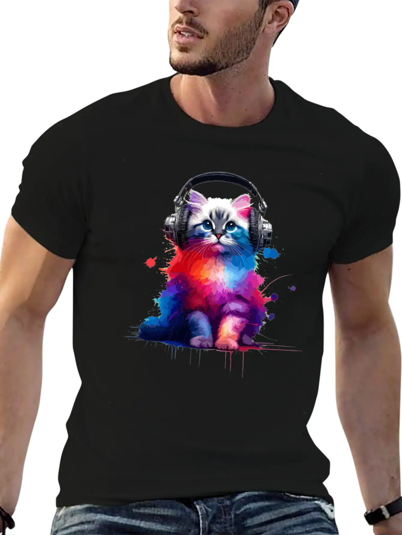 Colorful Splash Art Headphones Burmilla Burmillas Stylish Everyday T-Shirt – Unisex Basic Cotton Tee