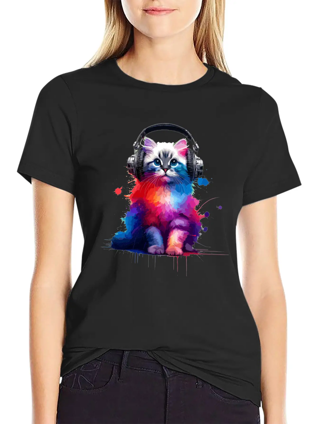 Colorful Splash Art Headphones Burmilla Burmillas Stylish Everyday T-Shirt – Unisex Basic Cotton Tee