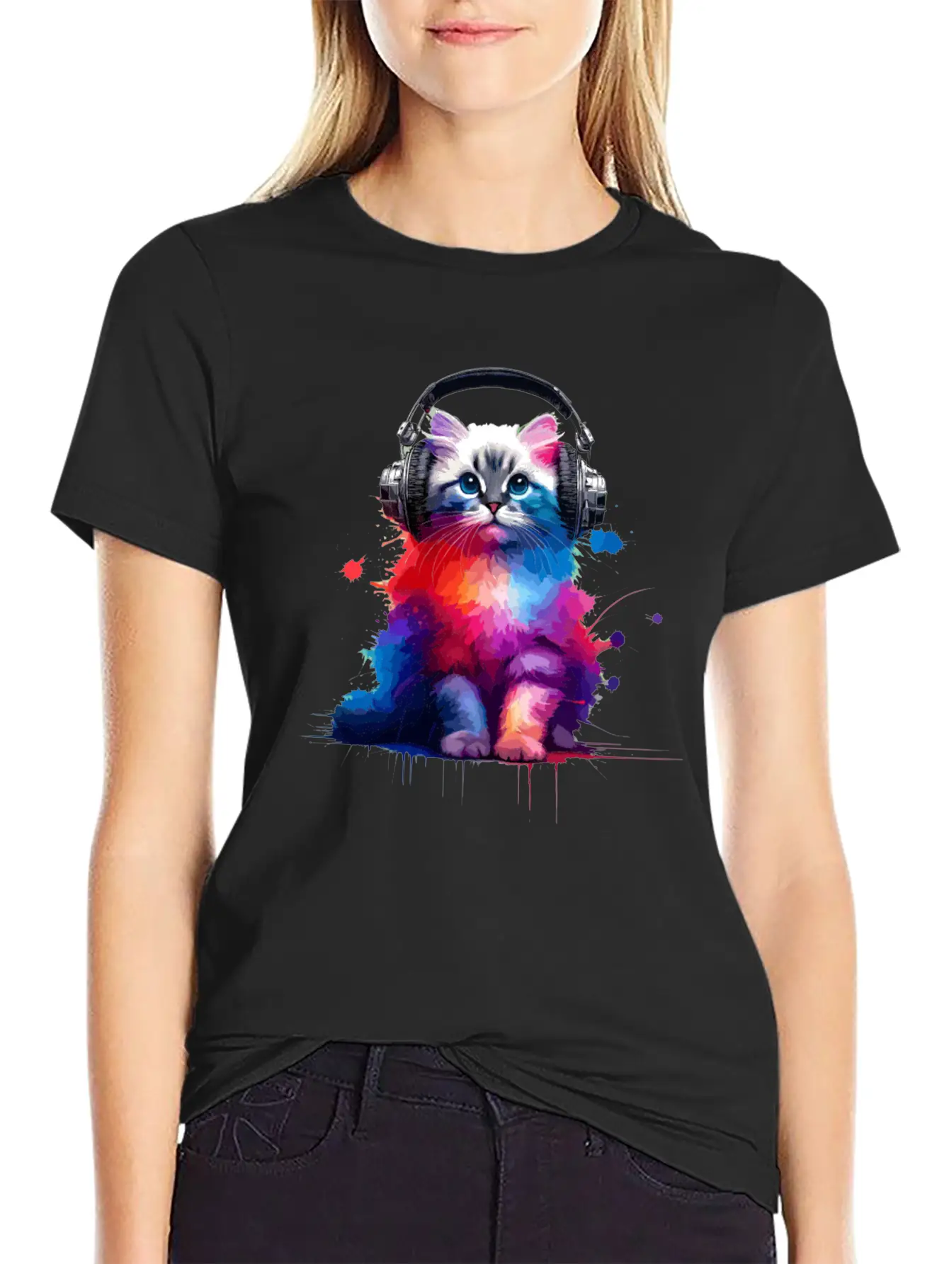 Colorful Splash Art Headphones Burmilla Burmillas Stylish Everyday T-Shirt – Unisex Basic Cotton Tee