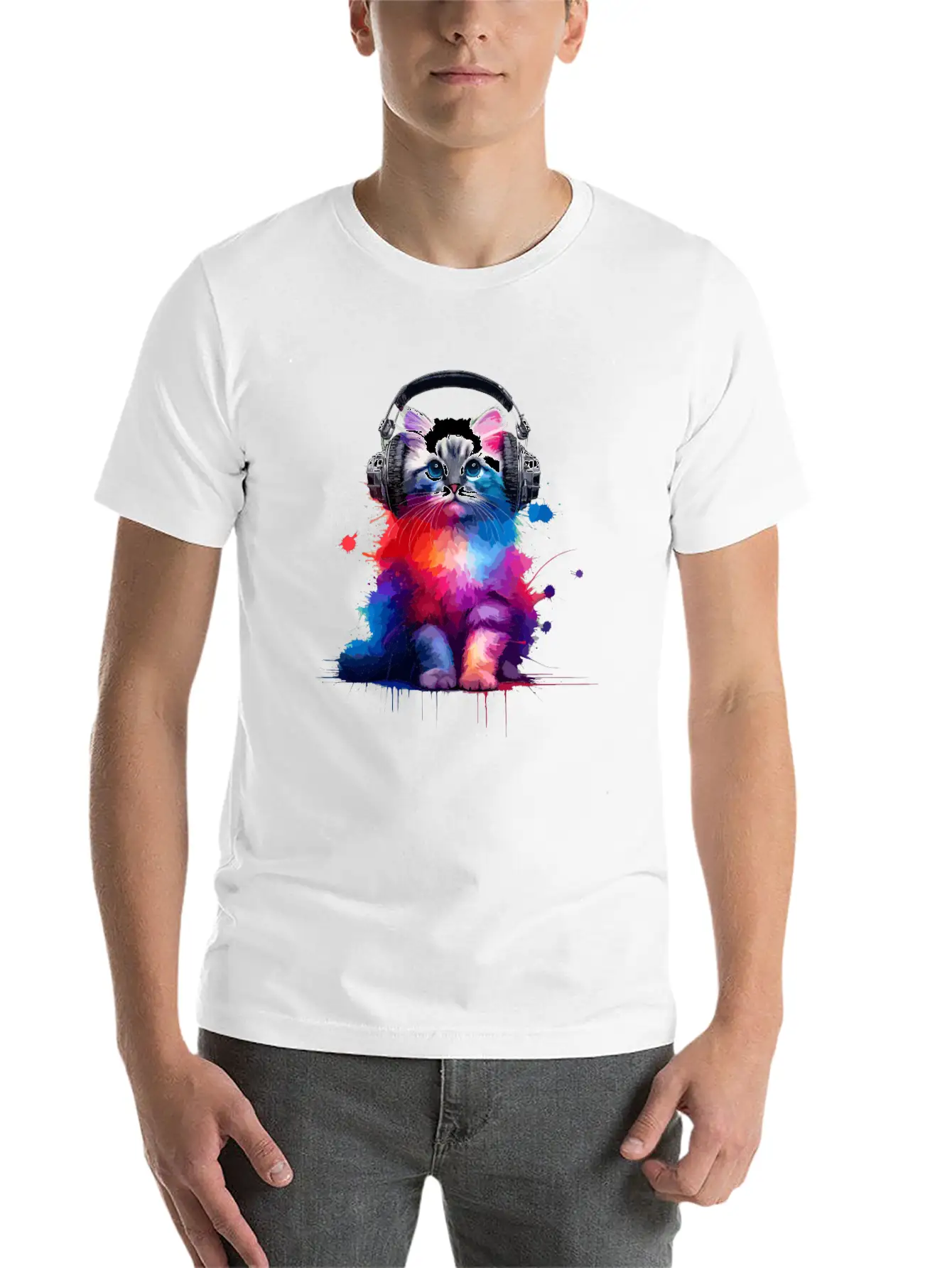Colorful Splash Art Headphones Burmilla Burmillas Stylish Everyday T-Shirt – Unisex Basic Cotton Tee