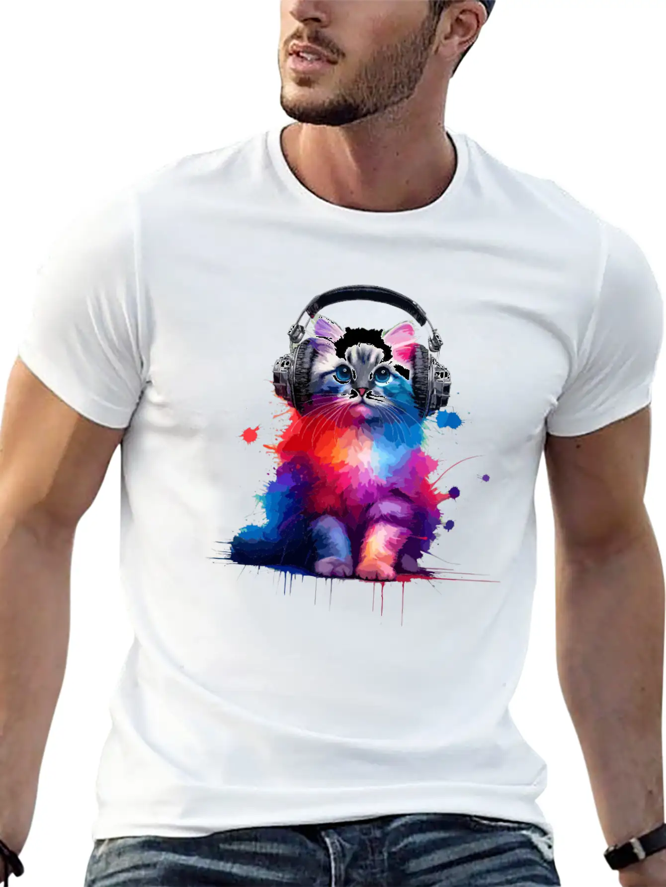 Colorful Splash Art Headphones Burmilla Burmillas Stylish Everyday T-Shirt – Unisex Basic Cotton Tee