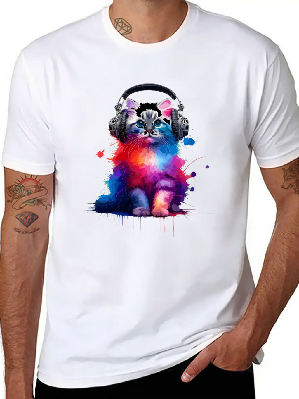 Colorful Splash Art Headphones Burmilla Burmillas Stylish Everyday T-Shirt – Unisex Basic Cotton Tee