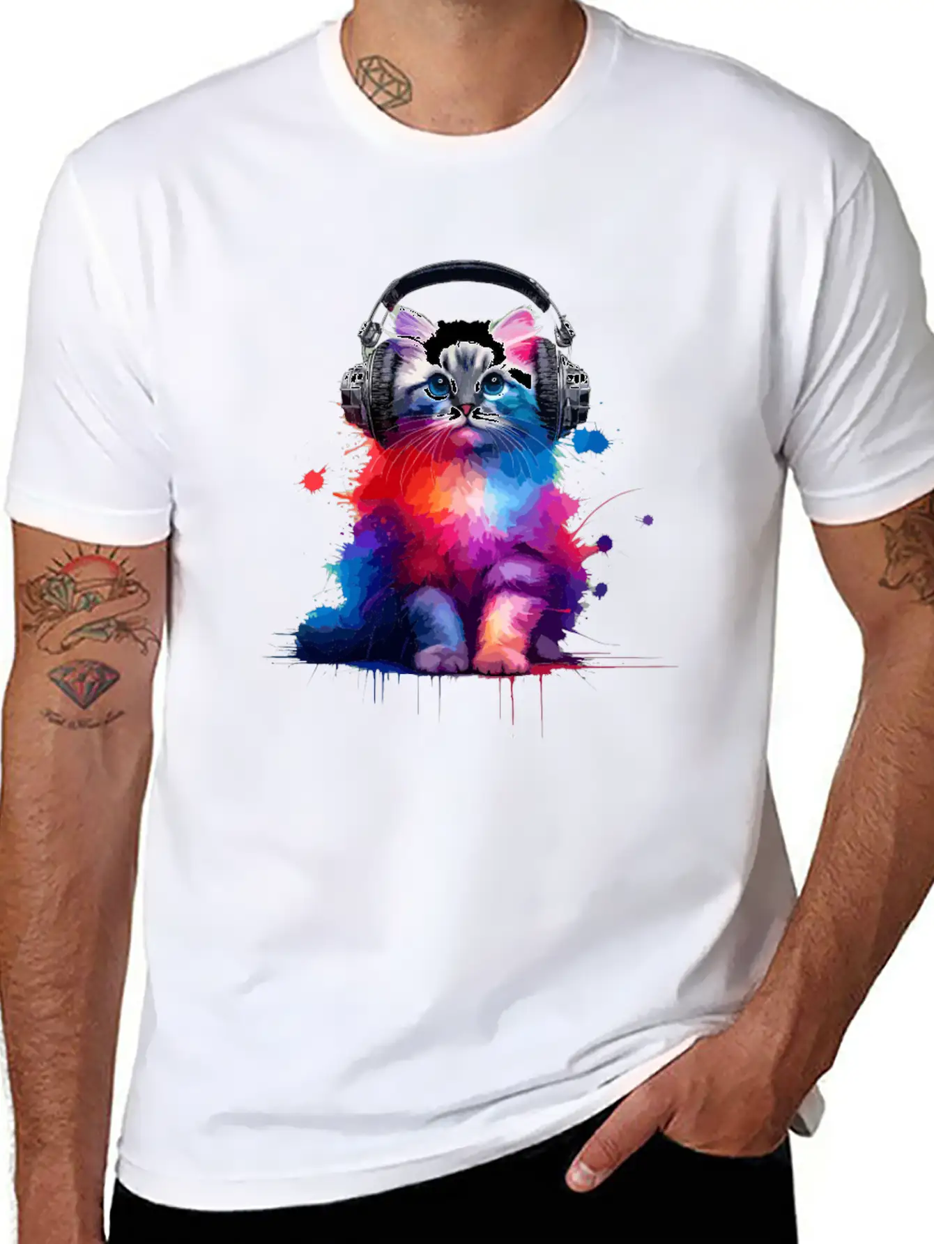 Colorful Splash Art Headphones Burmilla Burmillas Stylish Everyday T-Shirt – Unisex Basic Cotton Tee