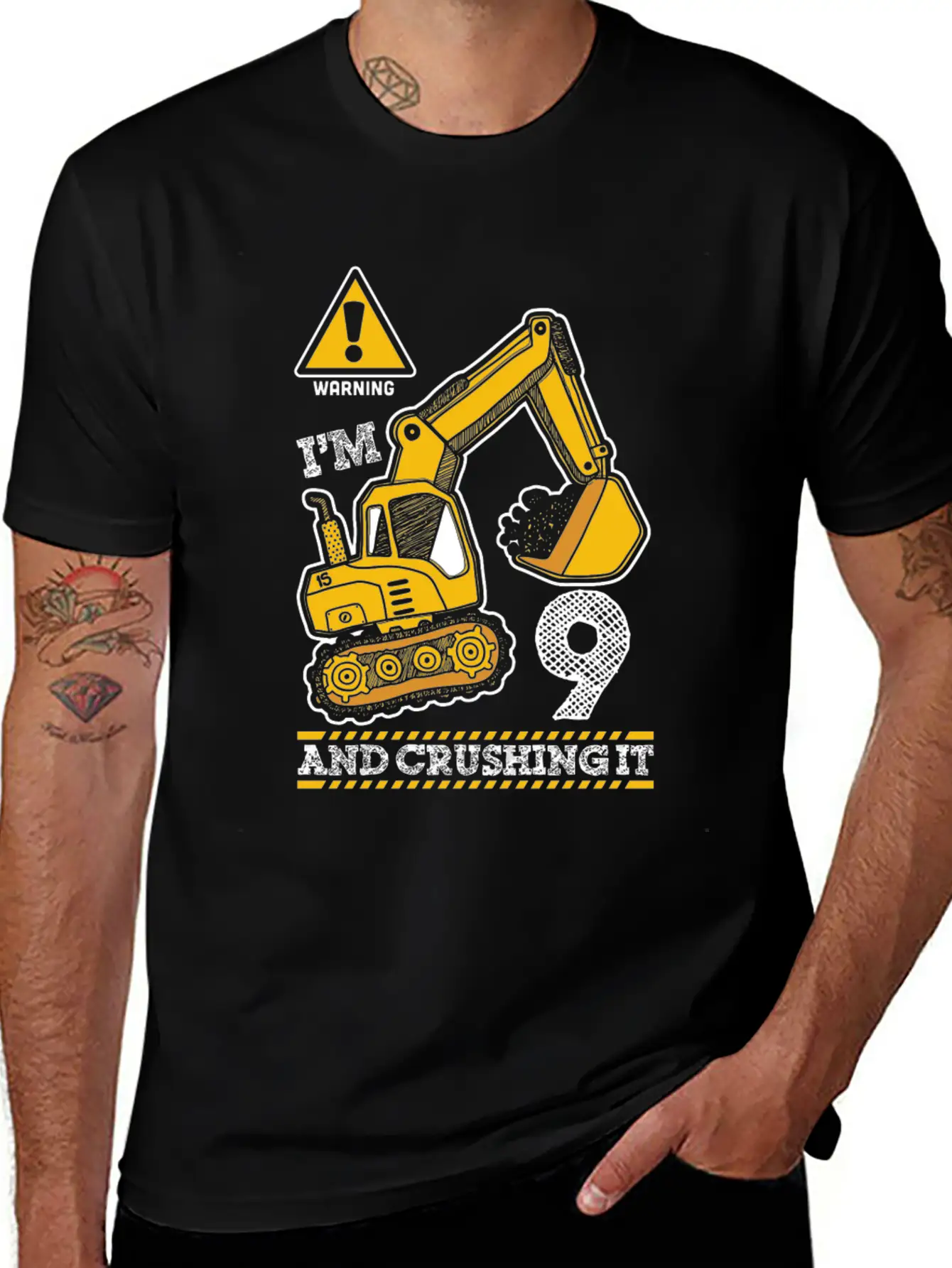 Construction Truck 9Th Birthday 9 Years Old Digger Stylish Everyday T-Shirt – Unisex Basic Cotton Tee