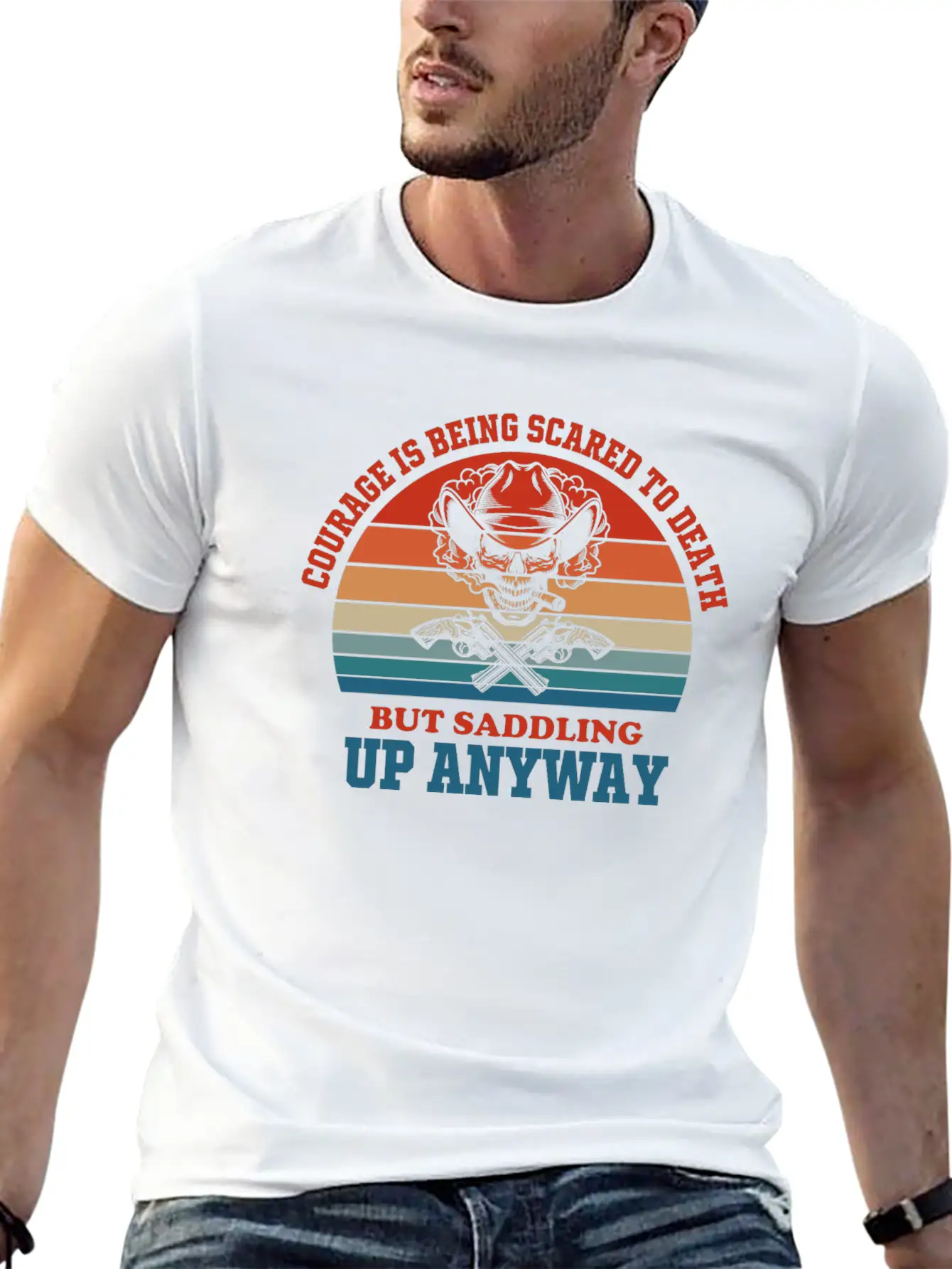 Courage Slogan Skull Retro Design Stylish Everyday T-Shirt – Unisex Basic Cotton Tee