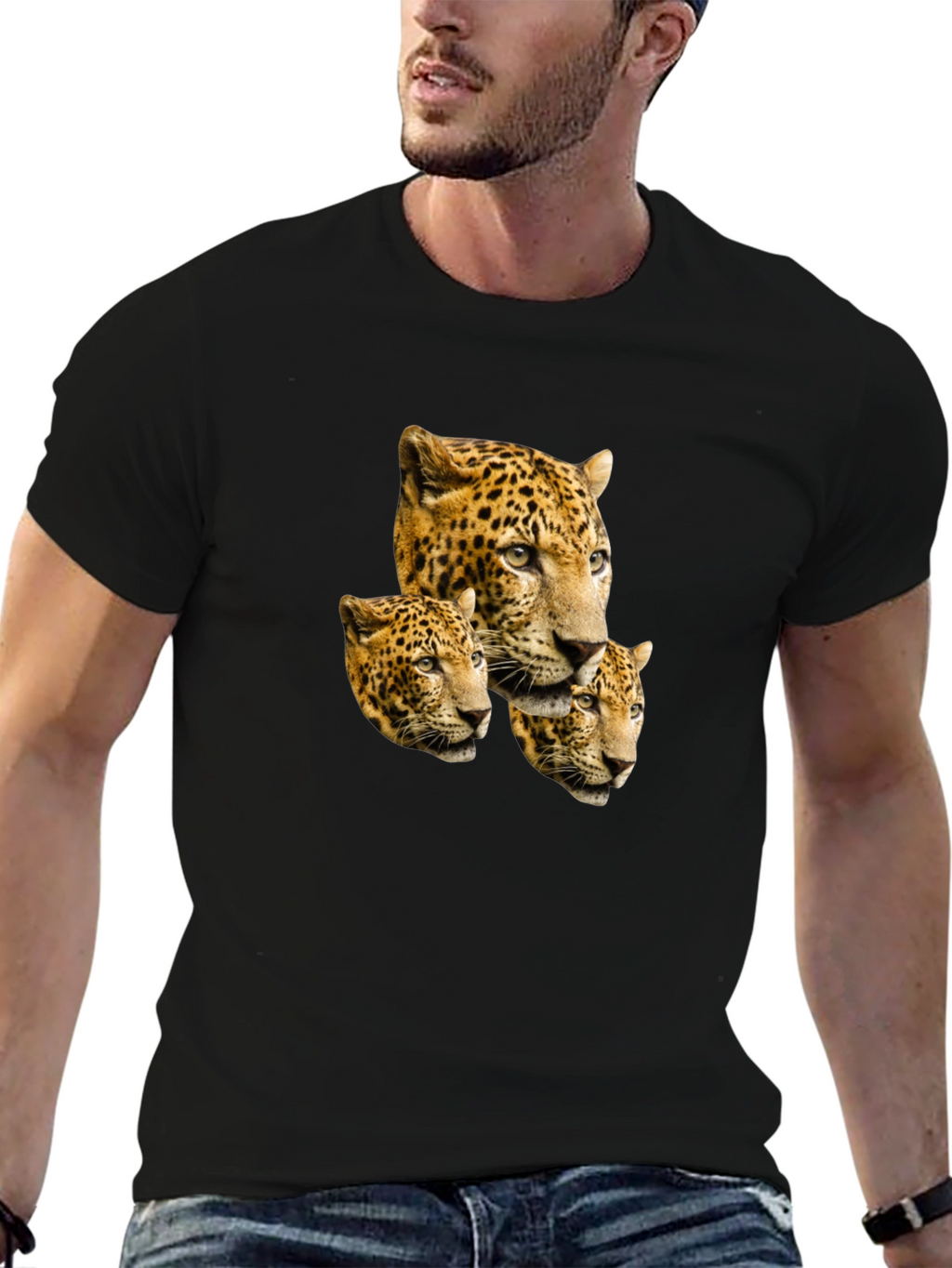 Leopard Head Print Black T-Shirt