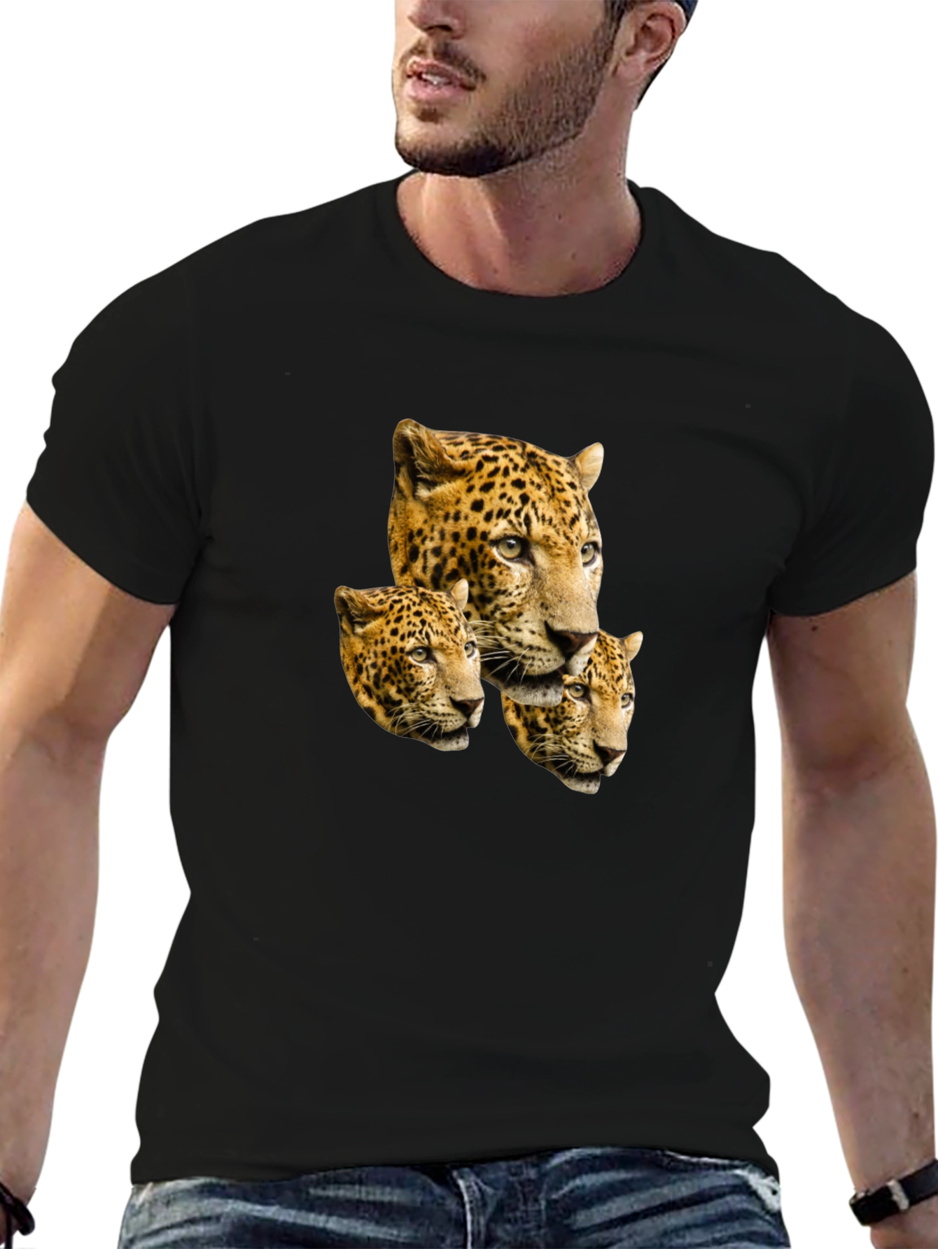 Leopard Head Print Black T-Shirt