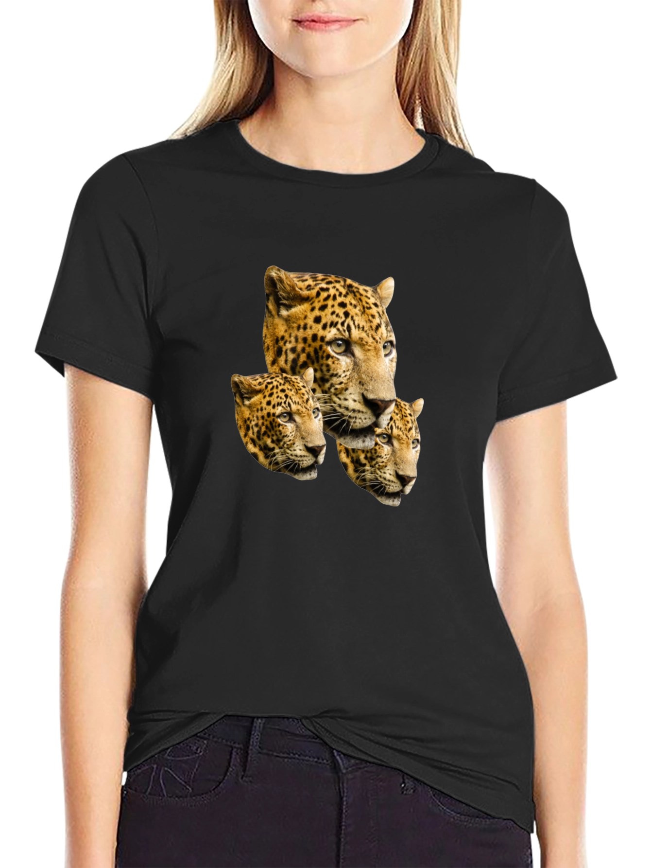 Leopard Head Print Black T-Shirt