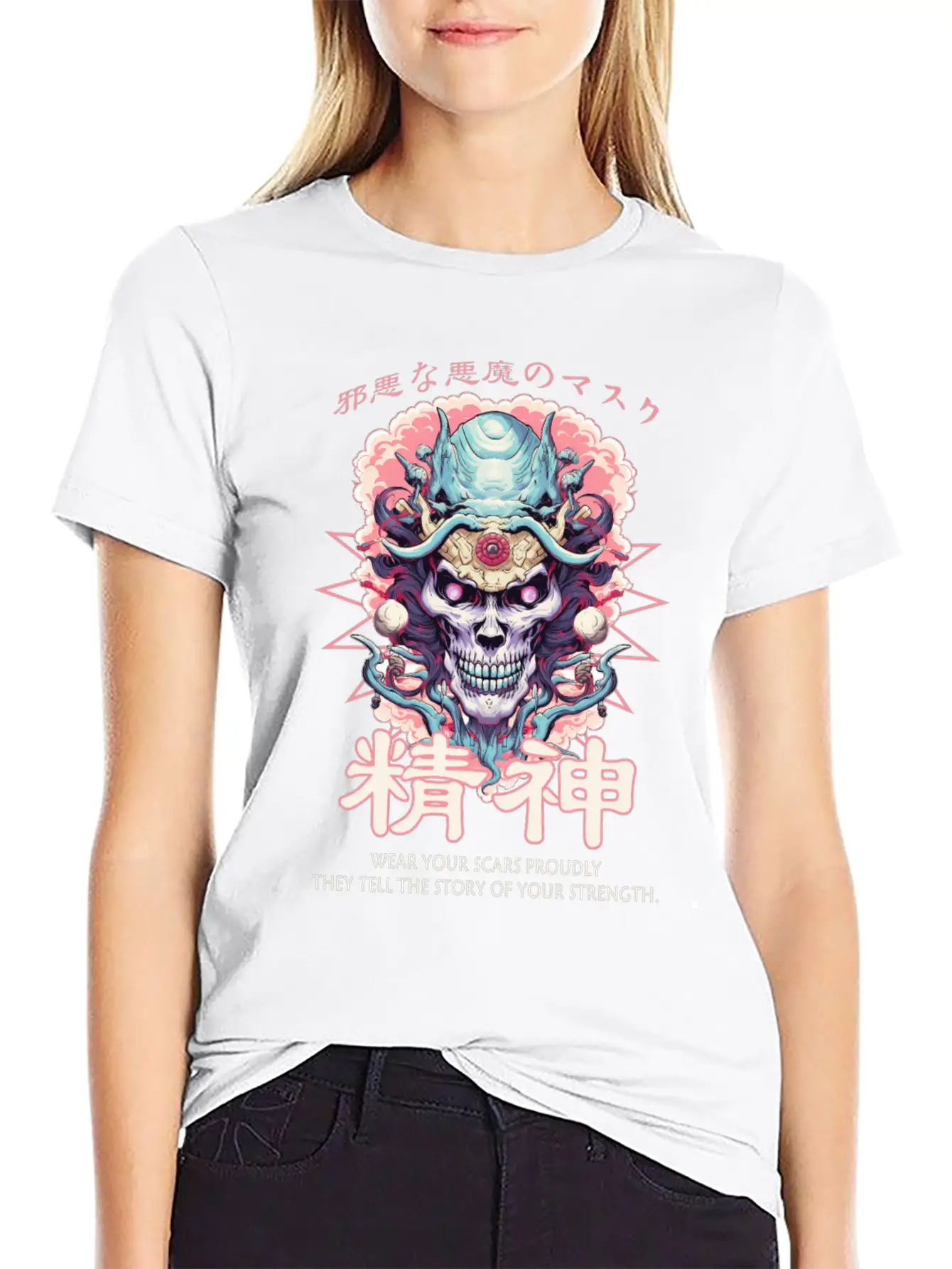 Creepy Oni Mask Japanese Streetwear Hiphop Harajuk Classic Cotton Tee – Unisex Comfort For Any Season