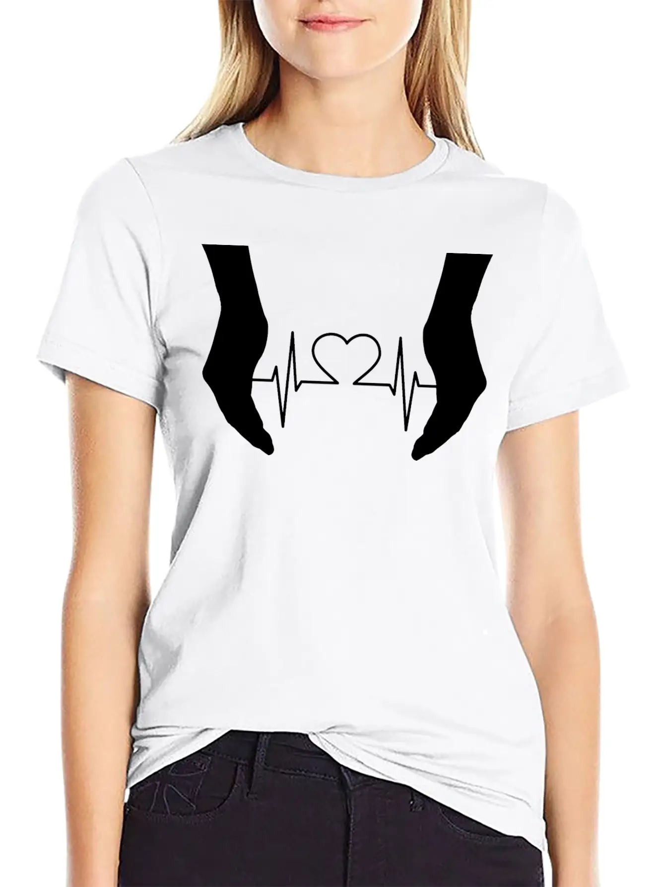 Cupping Hands Heart EKG Silhouette Essential Cotton Tee For Daily Outfits – Unisex Style