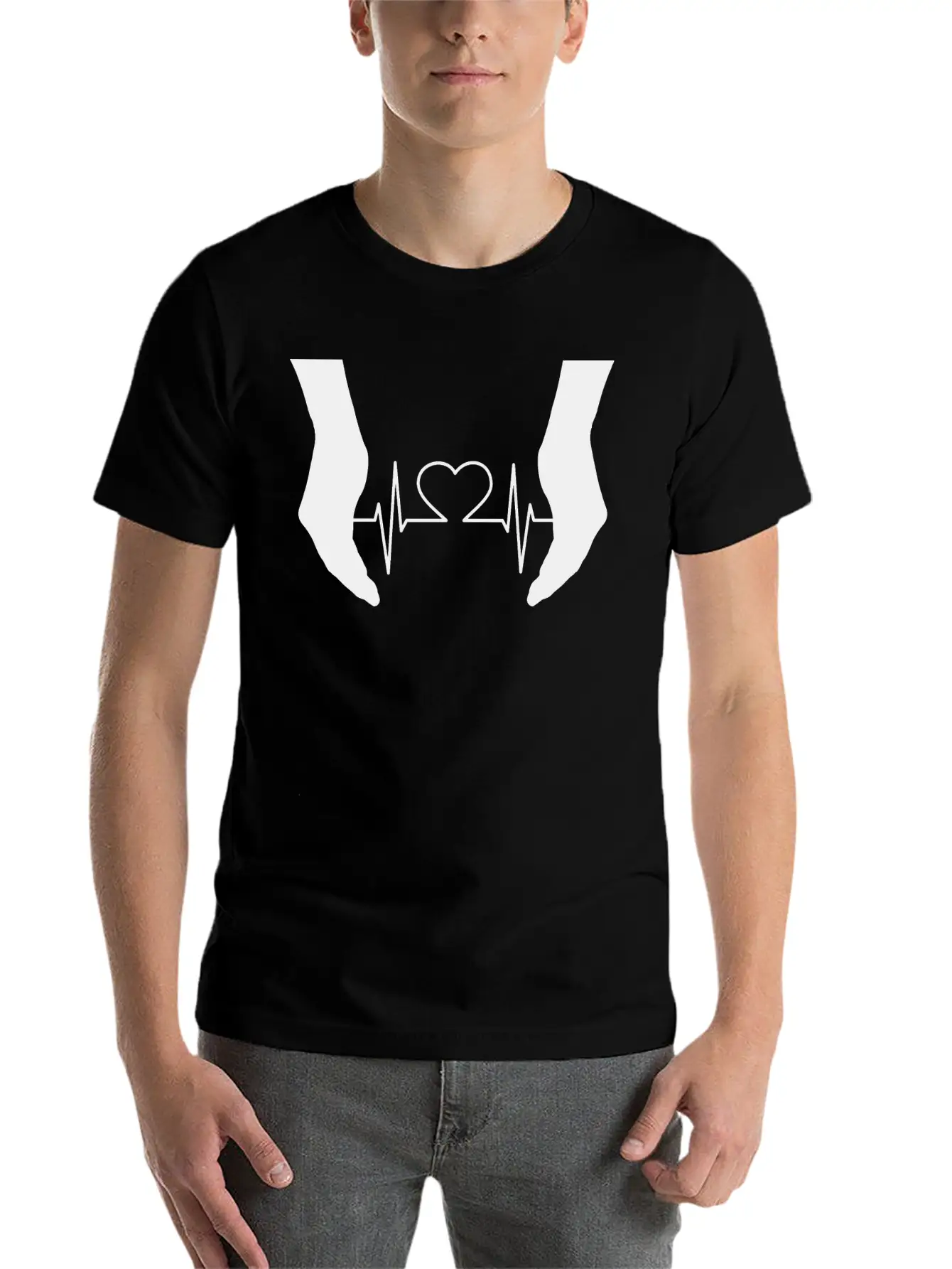 Cupping Hands Heart EKG Silhouette Essential Cotton Tee For Daily Outfits – Unisex Style