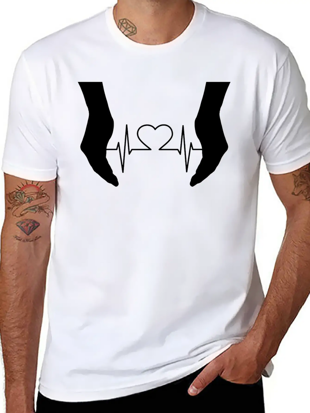 Cupping Hands Heart EKG Silhouette Essential Cotton Tee For Daily Outfits – Unisex Style