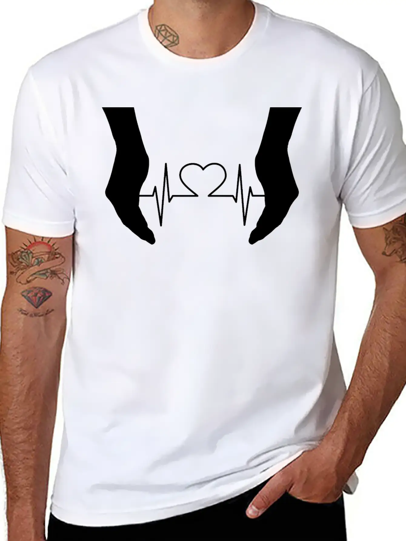 Cupping Hands Heart EKG Silhouette Essential Cotton Tee For Daily Outfits – Unisex Style