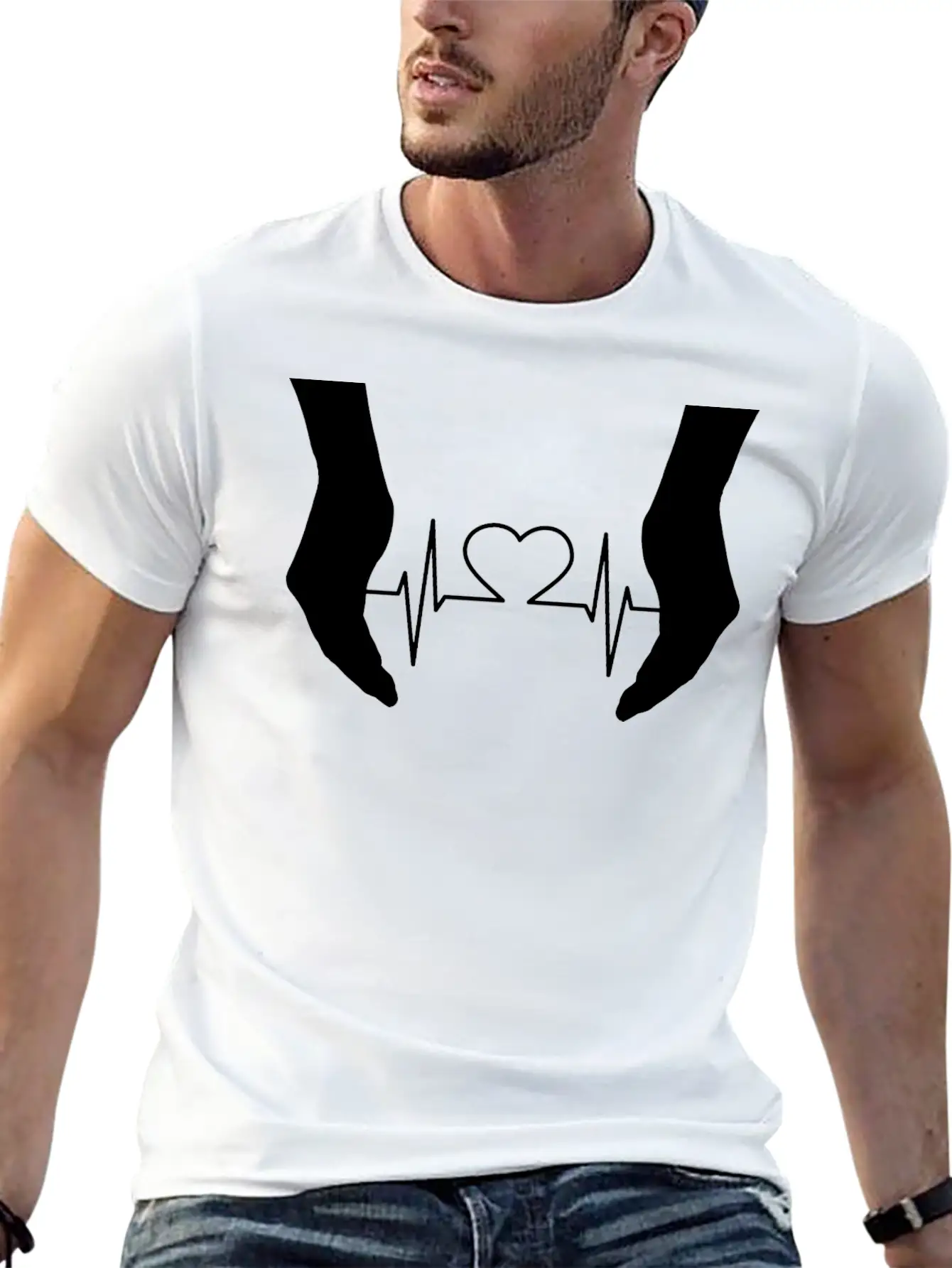 Cupping Hands Heart EKG Silhouette Essential Cotton Tee For Daily Outfits – Unisex Style