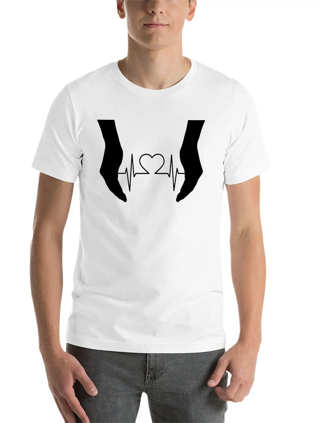 Cupping Hands Heart EKG Silhouette Essential Cotton Tee For Daily Outfits – Unisex Style