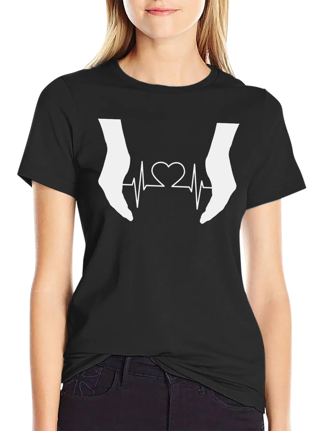 Cupping Hands Heart EKG Silhouette Essential Cotton Tee For Daily Outfits – Unisex Style