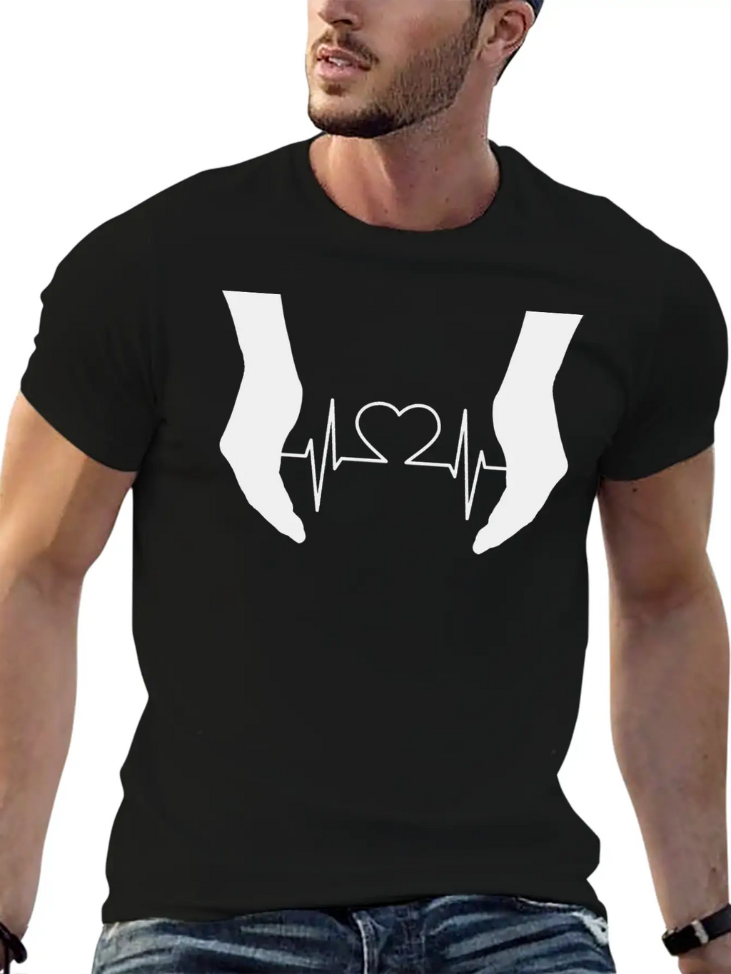 Cupping Hands Heart EKG Silhouette Essential Cotton Tee For Daily Outfits – Unisex Style