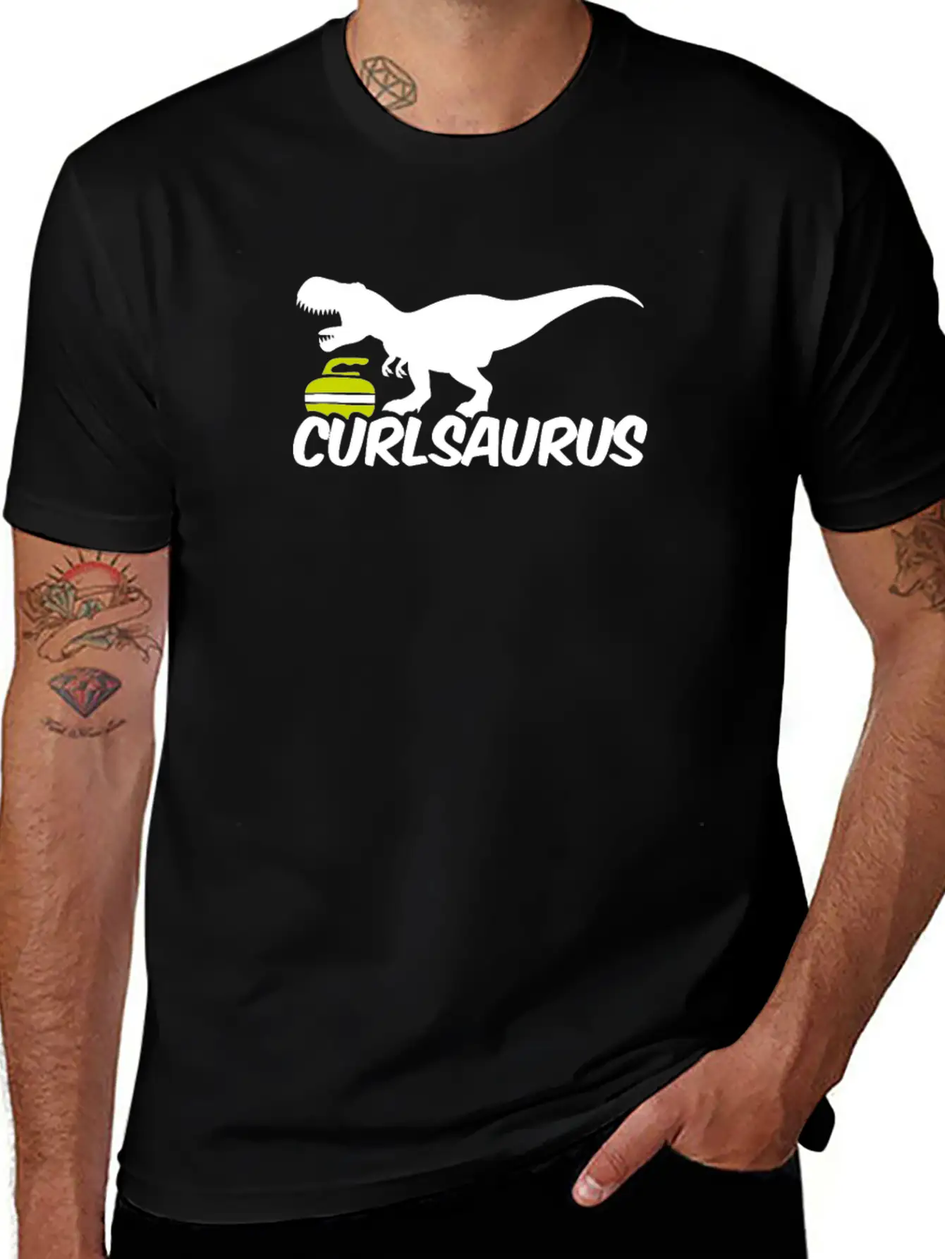 Curling Saurus Dinosaur Curling Stone Winter Basic Graphic T-Shirt – Daily Comfort In Soft Cotton