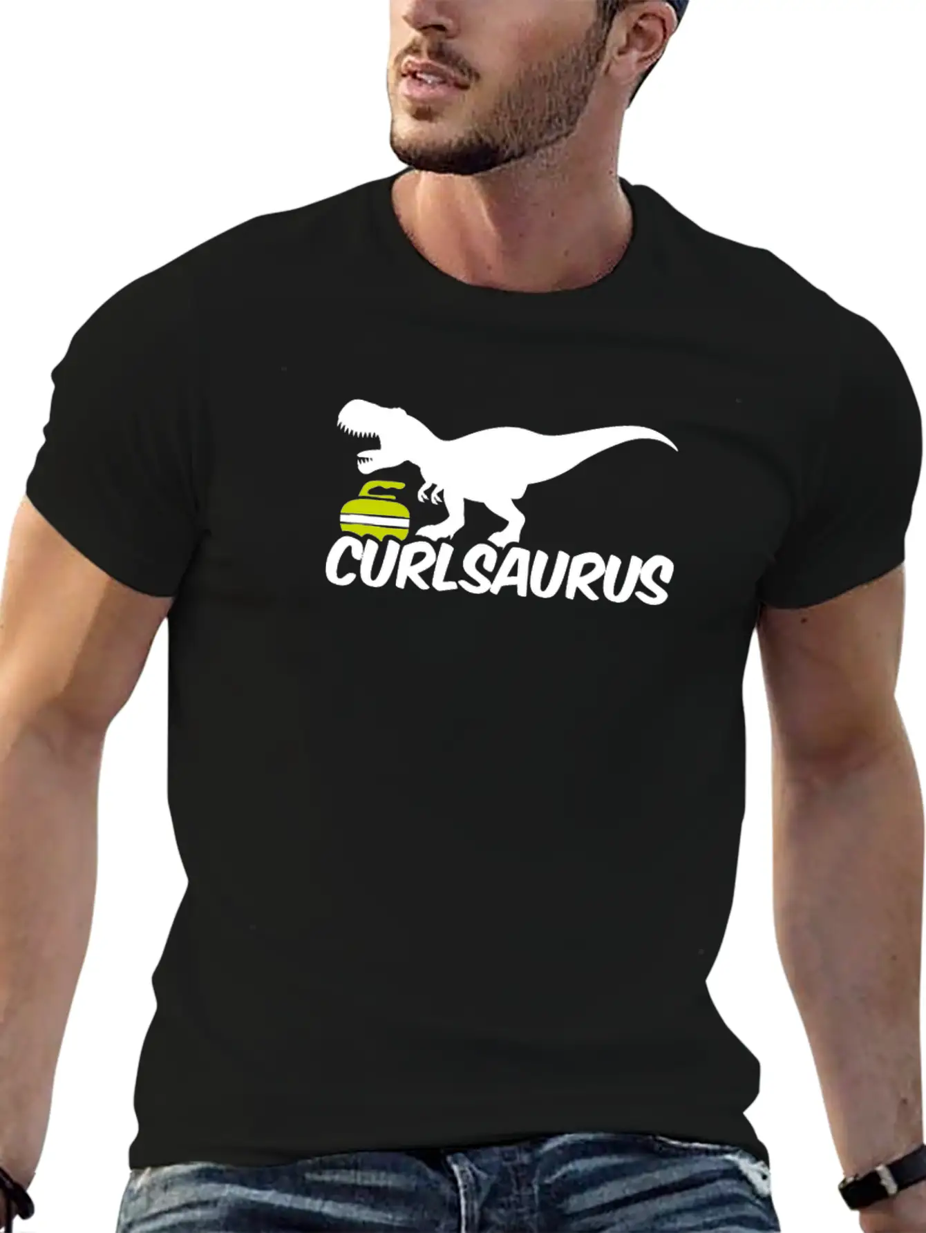 Curling Saurus Dinosaur Curling Stone Winter Basic Graphic T-Shirt – Daily Comfort In Soft Cotton
