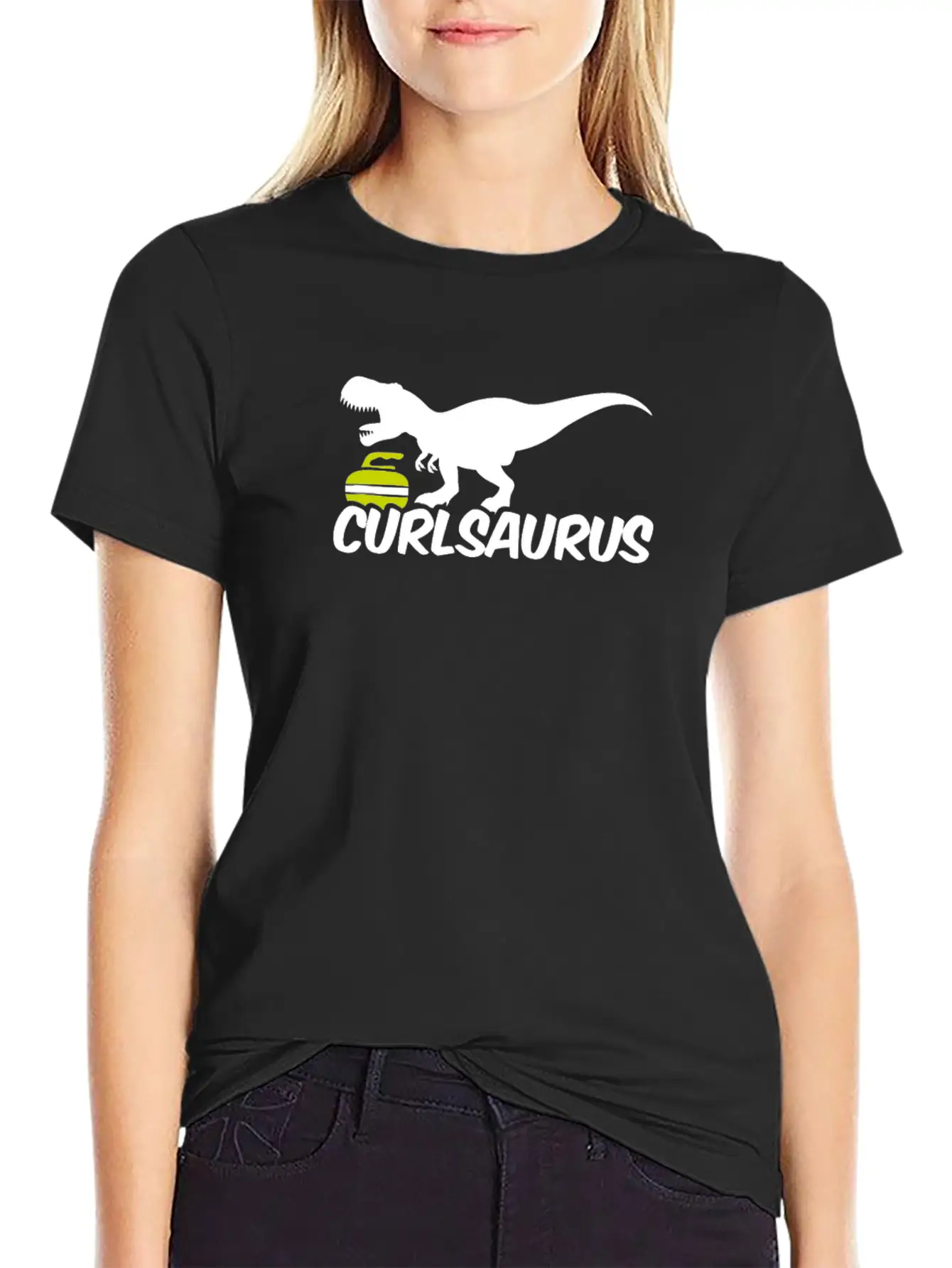 Curling Saurus Dinosaur Curling Stone Winter Basic Graphic T-Shirt – Daily Comfort In Soft Cotton