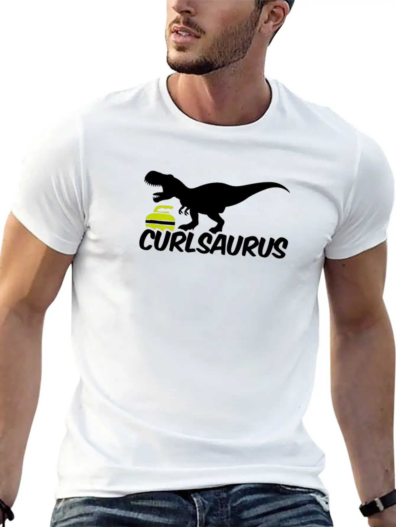 Curling Saurus Dinosaur Curling Stone Winter Basic Graphic T-Shirt – Daily Comfort In Soft Cotton