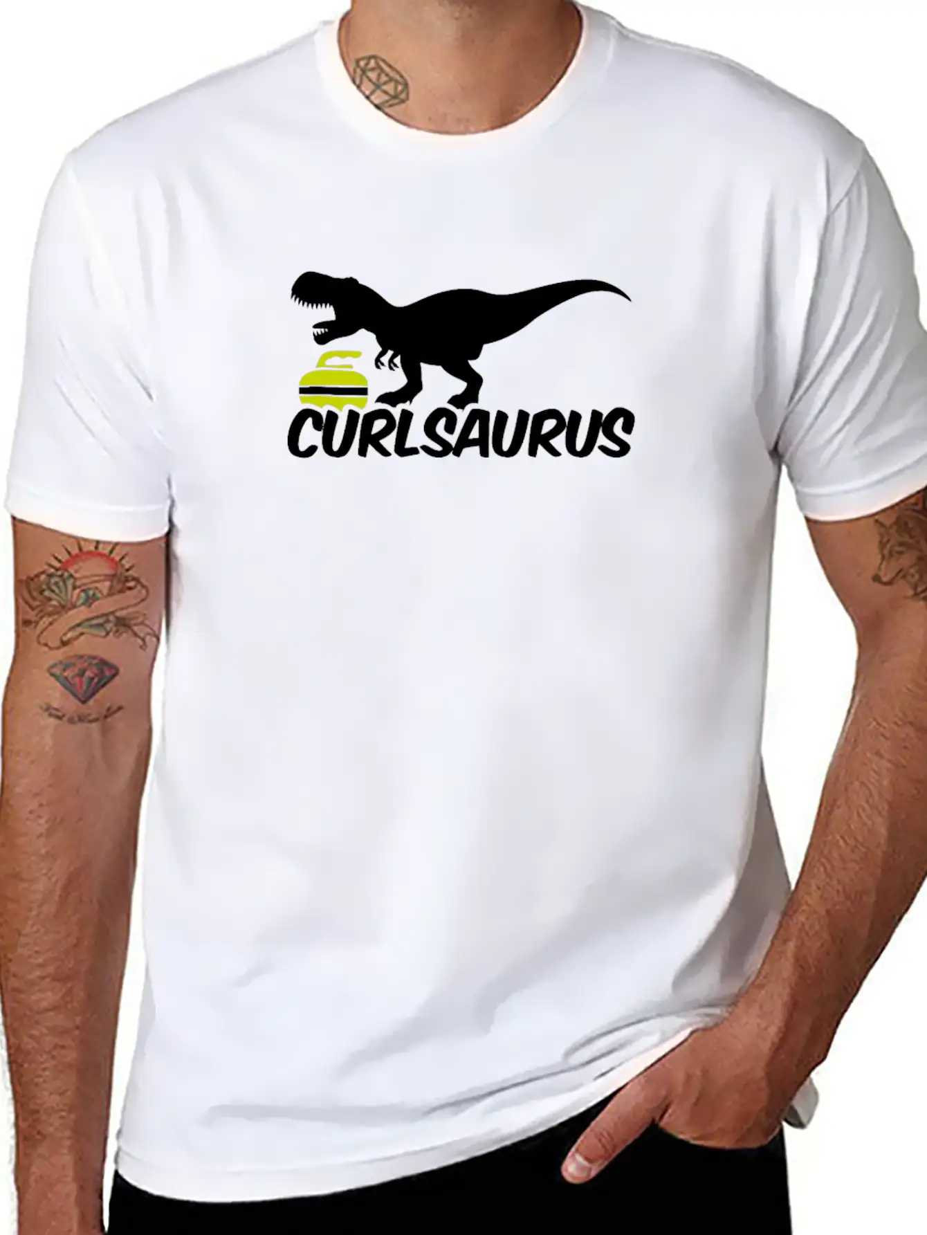 Curling Saurus Dinosaur Curling Stone Winter Basic Graphic T-Shirt – Daily Comfort In Soft Cotton