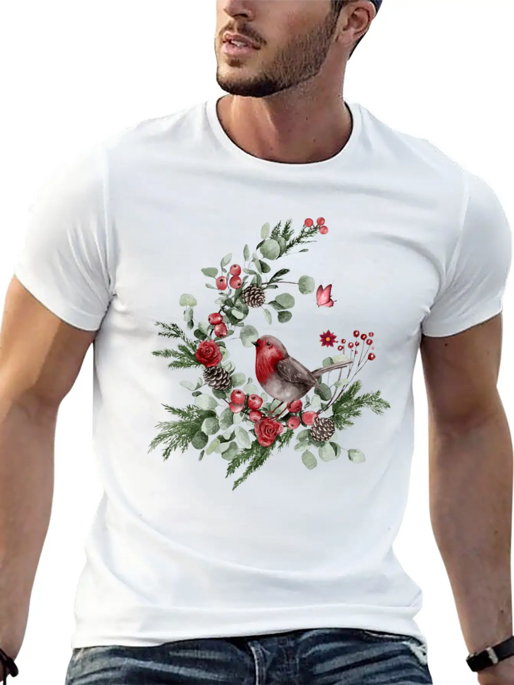 Cute Bird Perched On A Pine Branch Stylish Everyday T-Shirt – Unisex Basic Cotton Tee