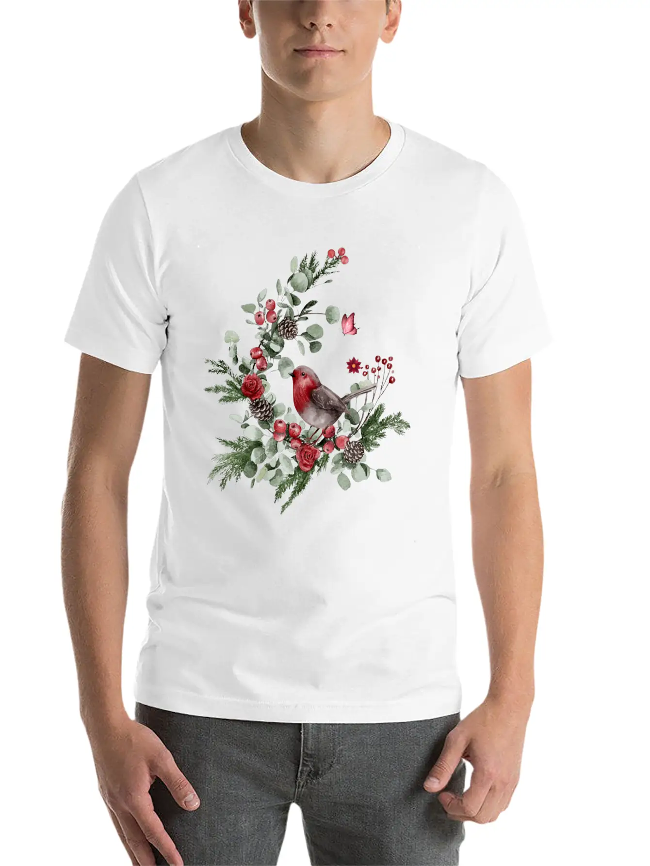 Cute Bird Perched On A Pine Branch Stylish Everyday T-Shirt – Unisex Basic Cotton Tee