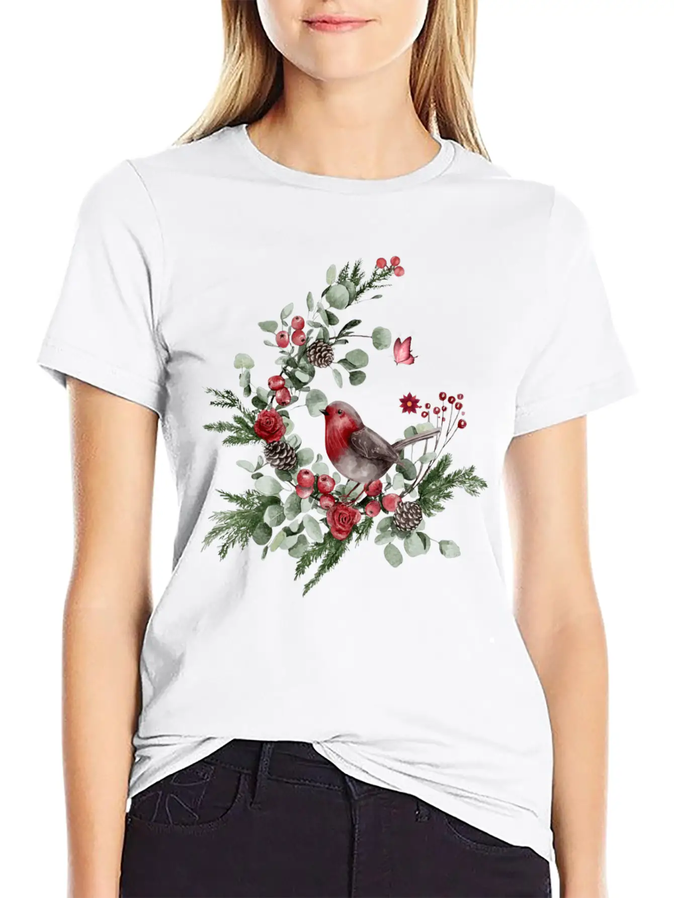 Cute Bird Perched On A Pine Branch Stylish Everyday T-Shirt – Unisex Basic Cotton Tee