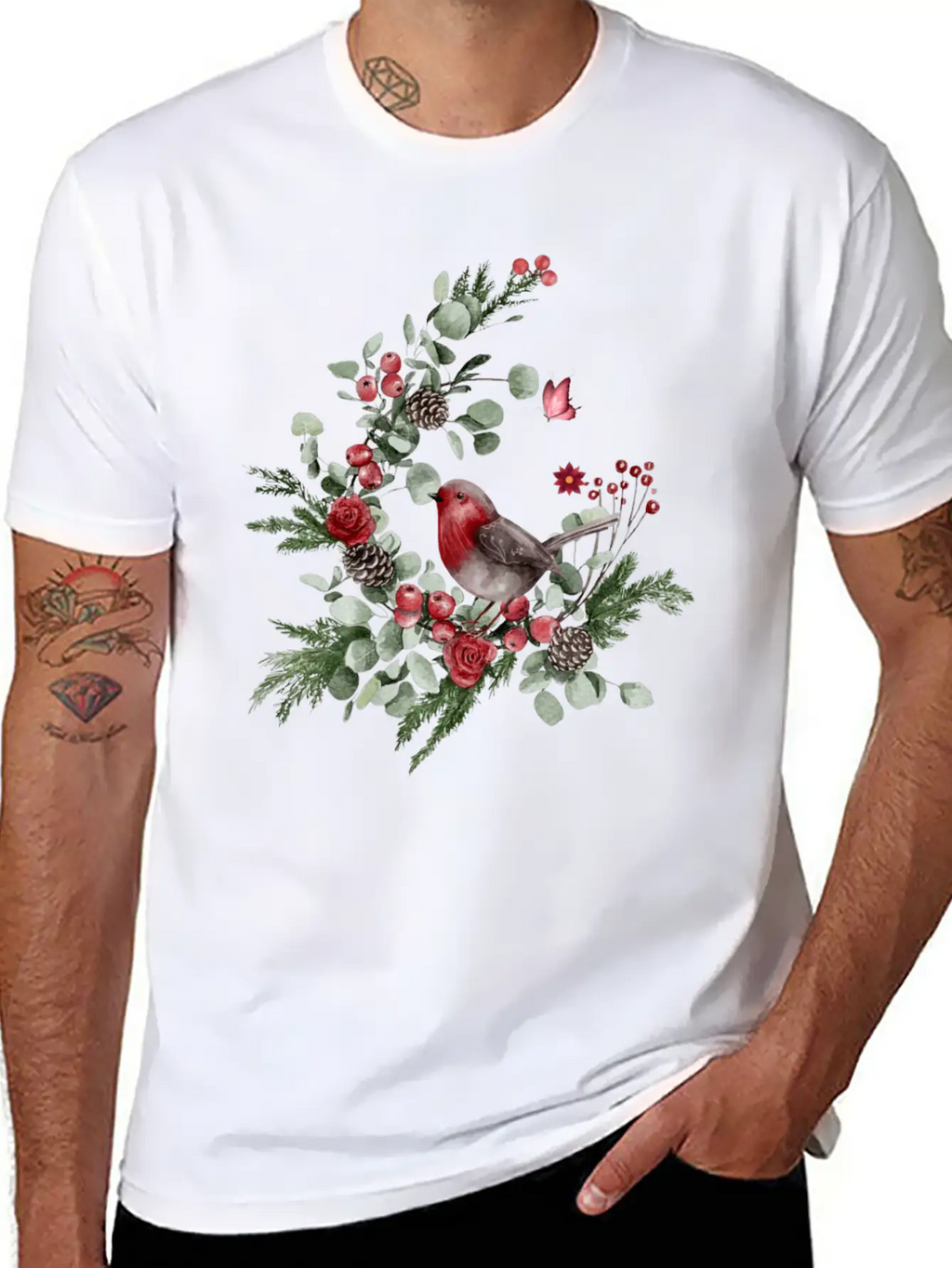 Cute Bird Perched On A Pine Branch Stylish Everyday T-Shirt – Unisex Basic Cotton Tee