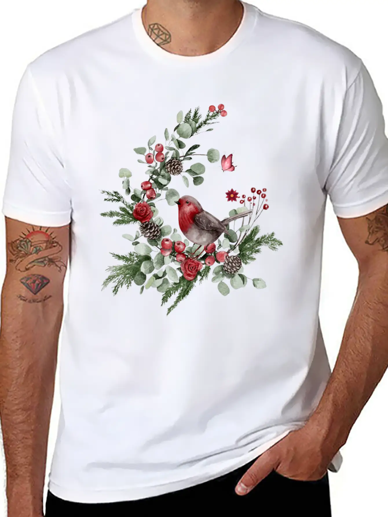 Cute Bird Perched On A Pine Branch Stylish Everyday T-Shirt – Unisex Basic Cotton Tee
